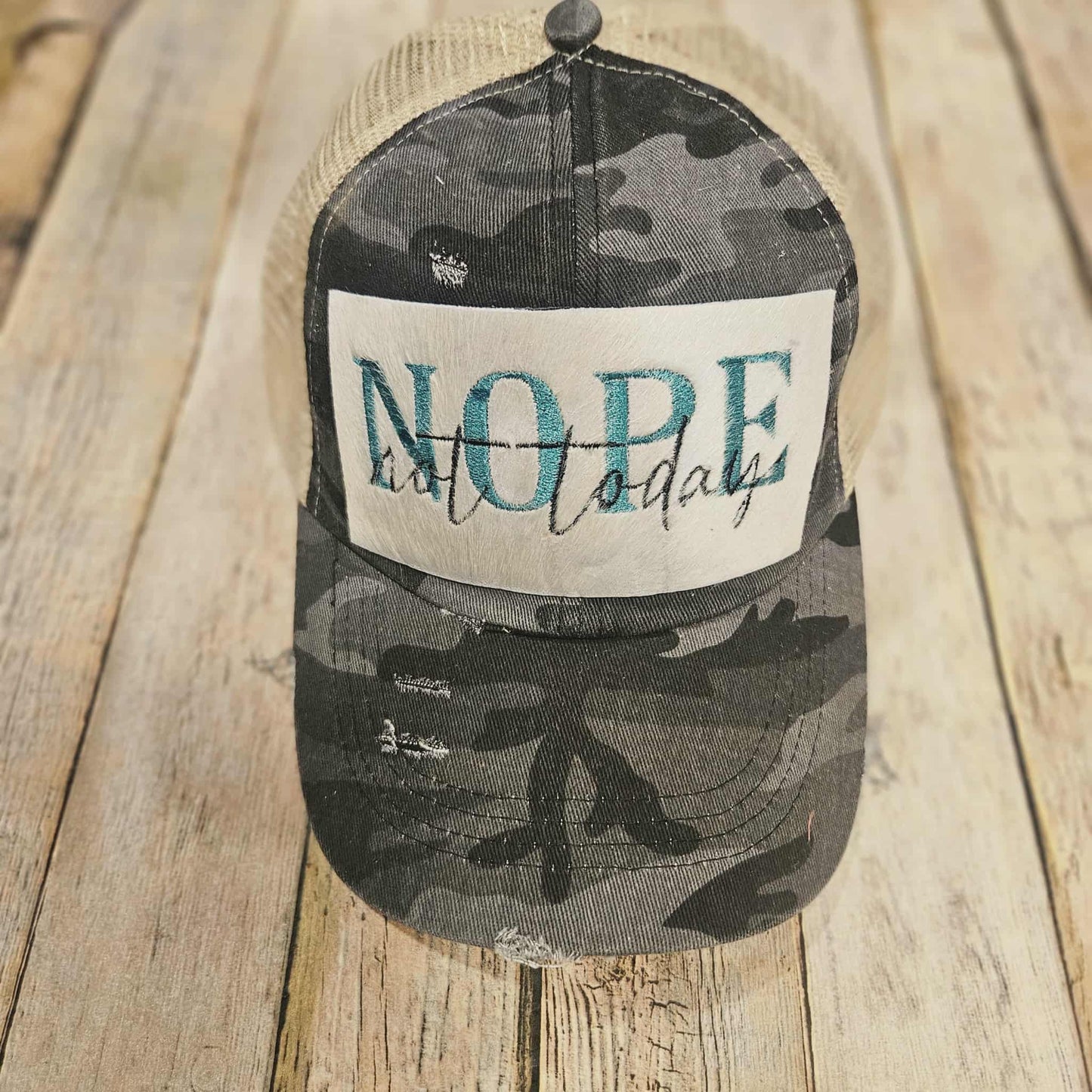 grey camo ponytail cap with fur on leather patch, nope not today hat, embroidered leather nope hat