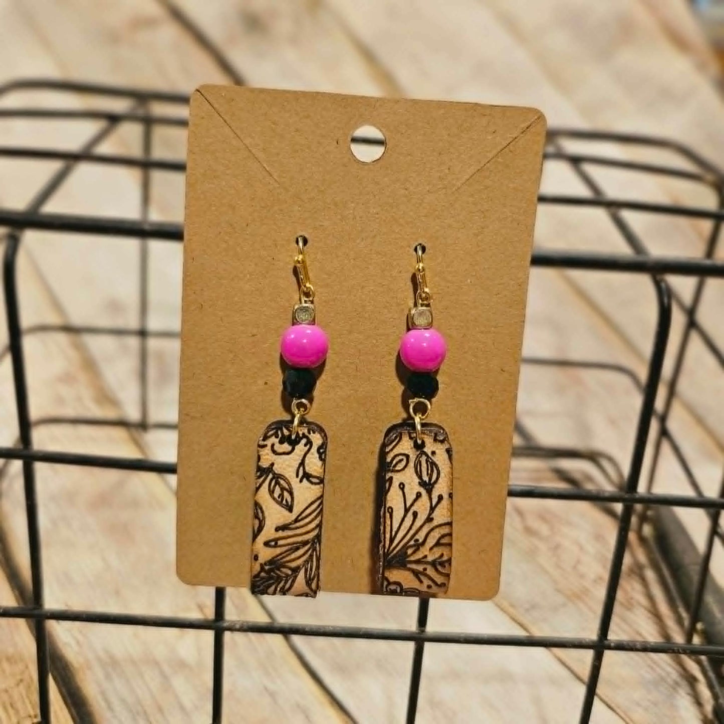 Laser Burned Leather Floral Loop with pink beads