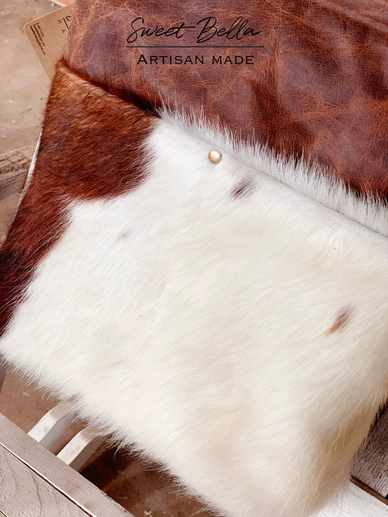 Mahala’s Heritage Brown-White Cowhide Convertible Crossbody
