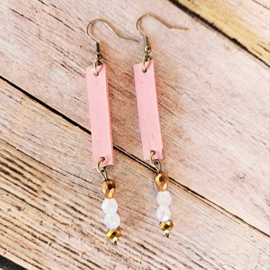 Handcrafted Silver Drop Earrings with Pink Hand-Dyed Leather & Pearl Beads