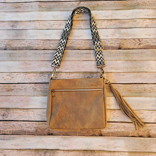 leather crossbody, camel leather bag, guitar style strap purse, leather crossbody bag