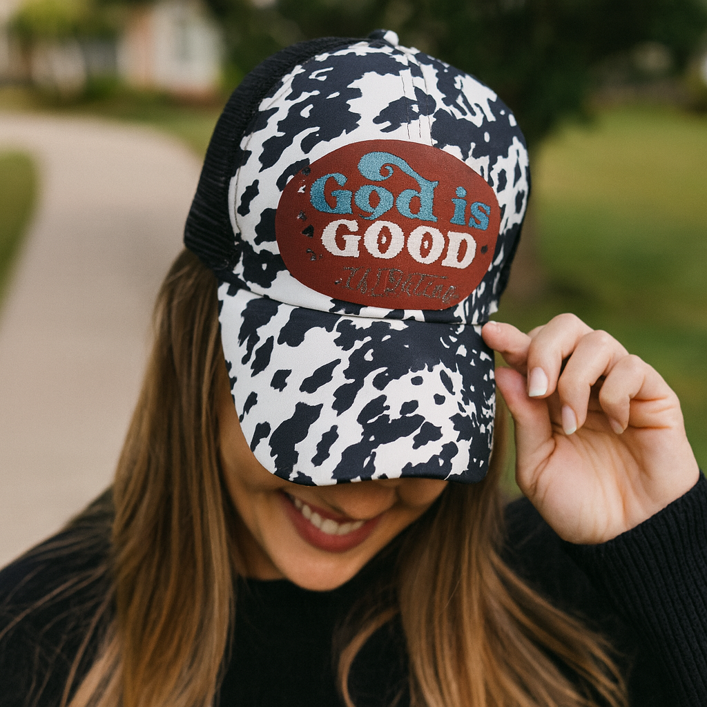God is Good embroidered leather patch, cow print cap with leather patch, God is good all the time hat
