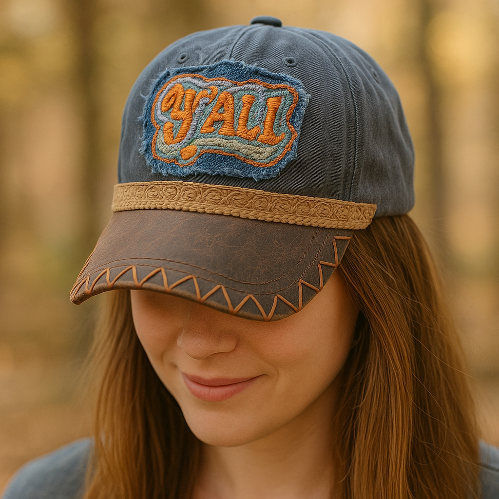 Yall embroidered Patch hat, leather laced ball cap, yall patch ball cap with leather
