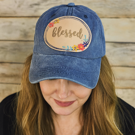 Blue denim cap with Leather Blessed embroidered patch, leather patch hat, blessed ball cap, floral embroidered hat