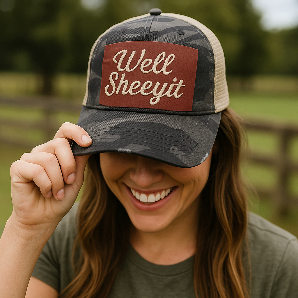 Camouflage baseball cap with a red patch embroidered with "well sheeyit", grey camo adjustable ponytail cap