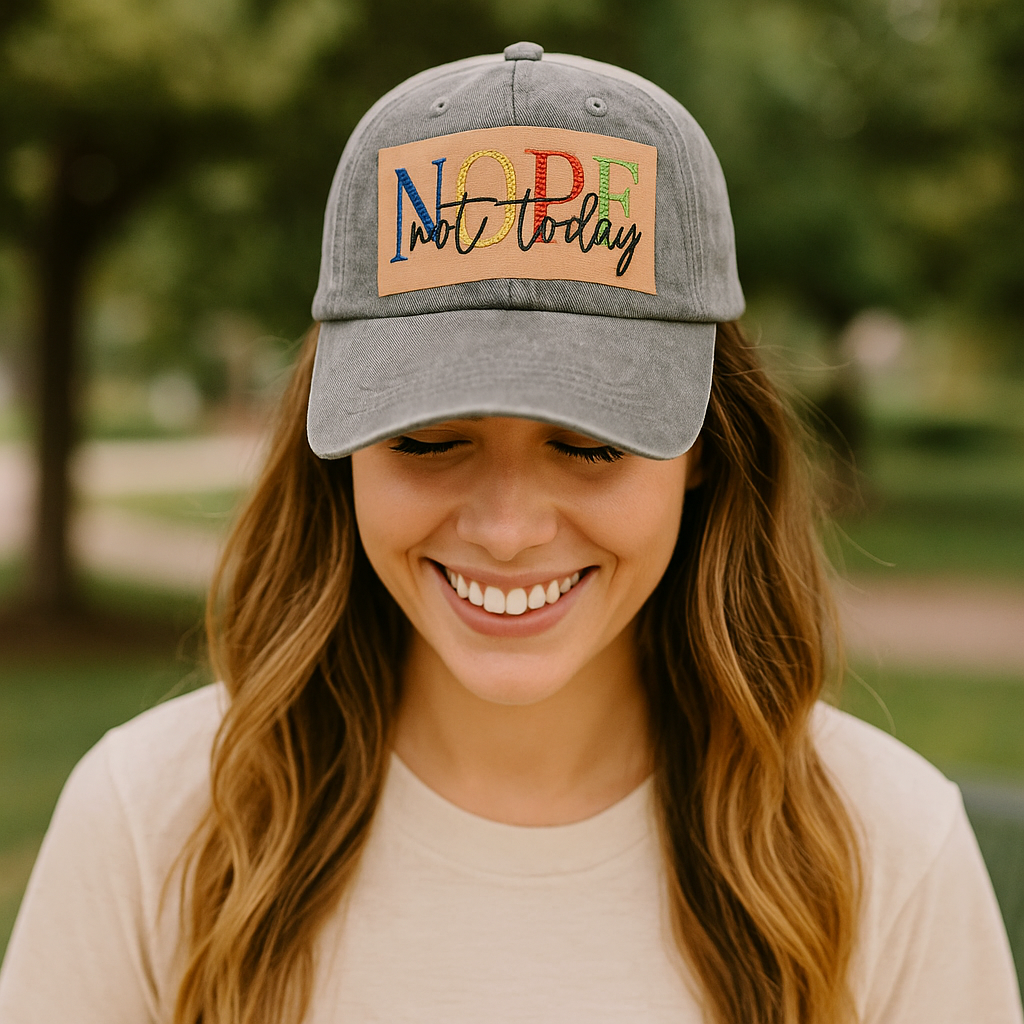 grey ball cap, leather embroidered patch with Nope not today