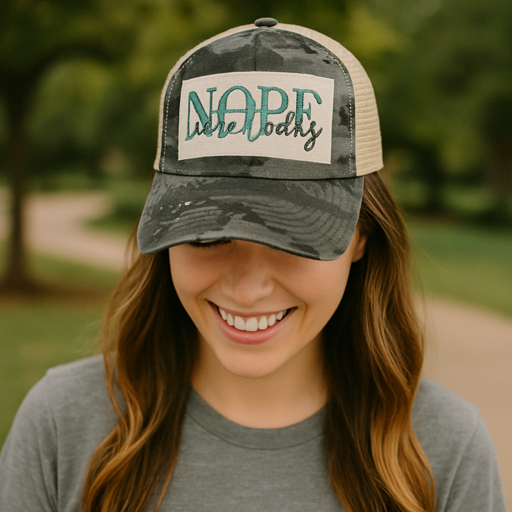 Woman wearing a cap with 'Nape Nobody' text in an outdoor setting