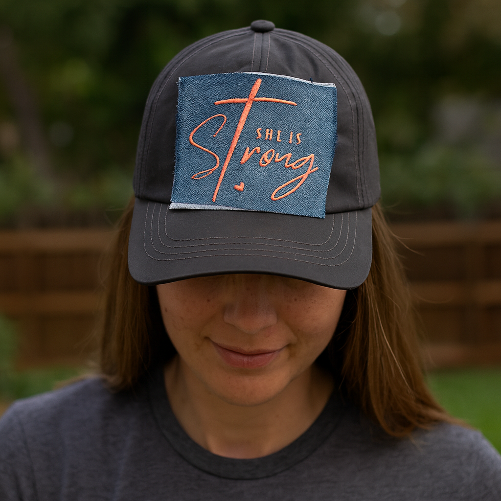 grey cap with coral embroidered she is strong, denim patch cap, ponytail grey cap