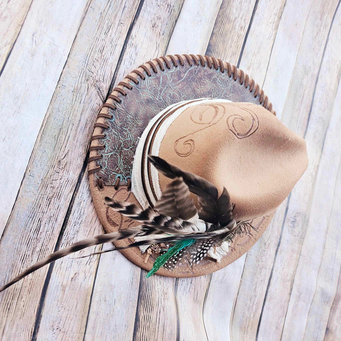 burned brim hat, taupe hat, feathered brim hat, leather laced hat