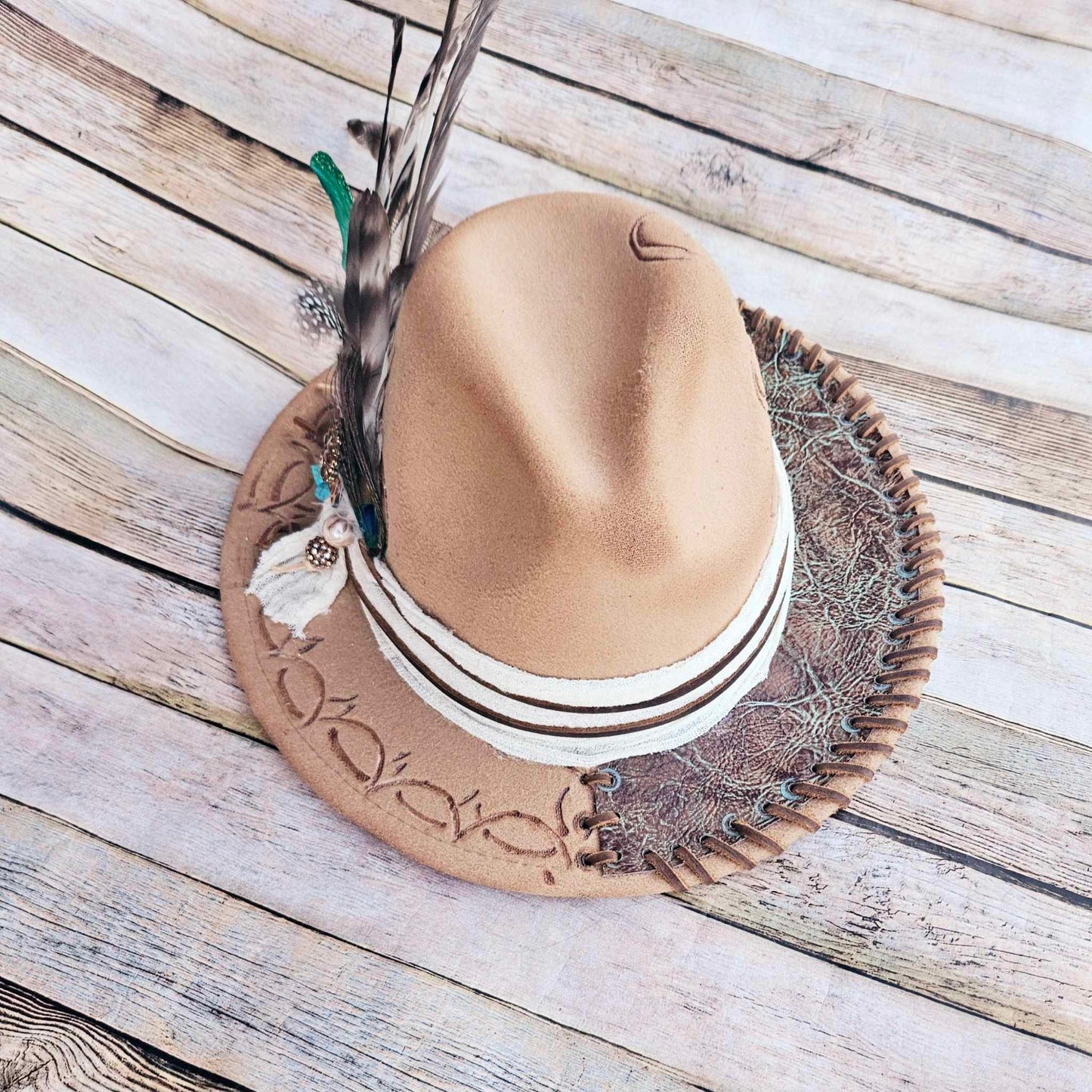 burned brim hat, taupe hat, feathered brim hat, leather laced hat