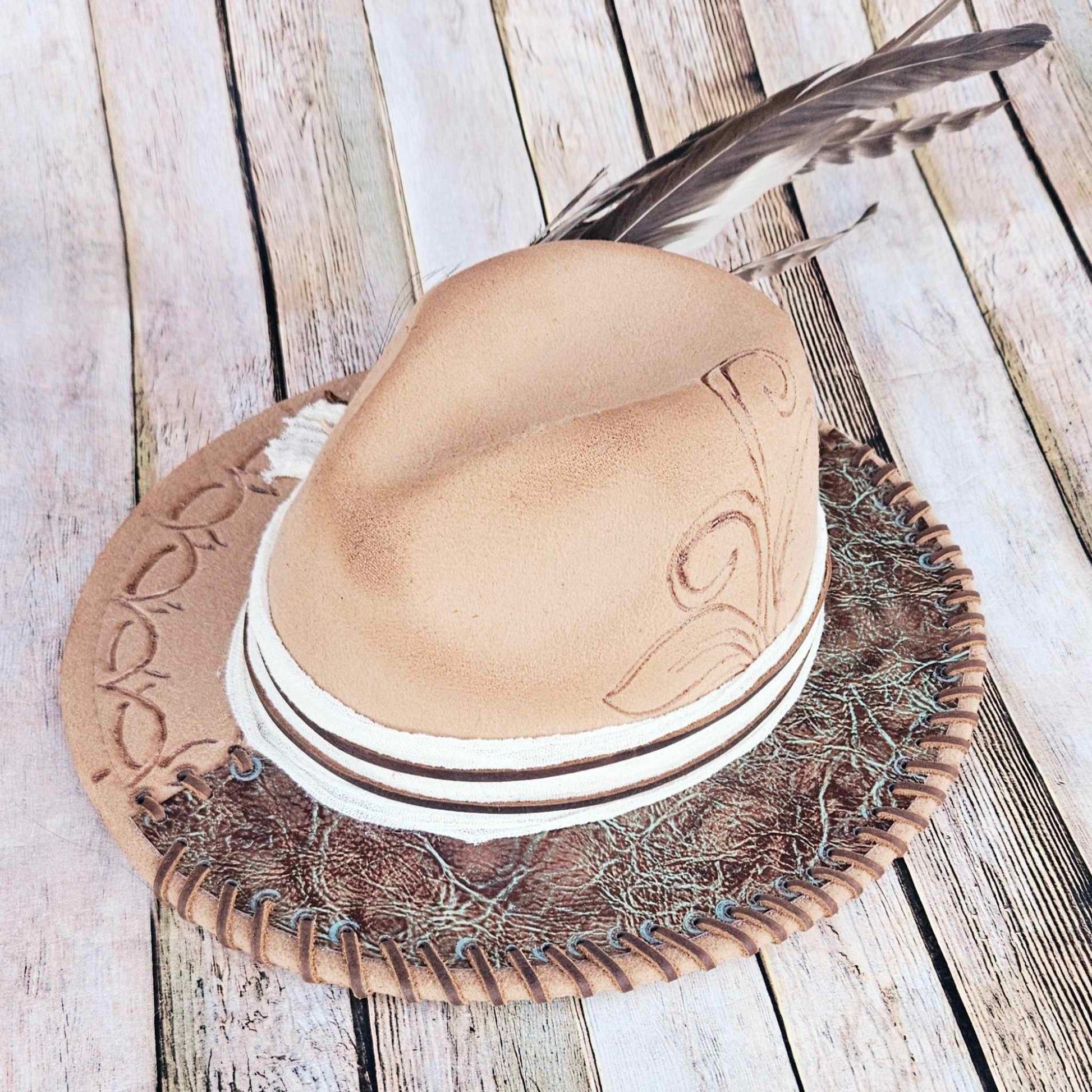 burned brim hat, taupe hat, feathered brim hat, leather laced hat