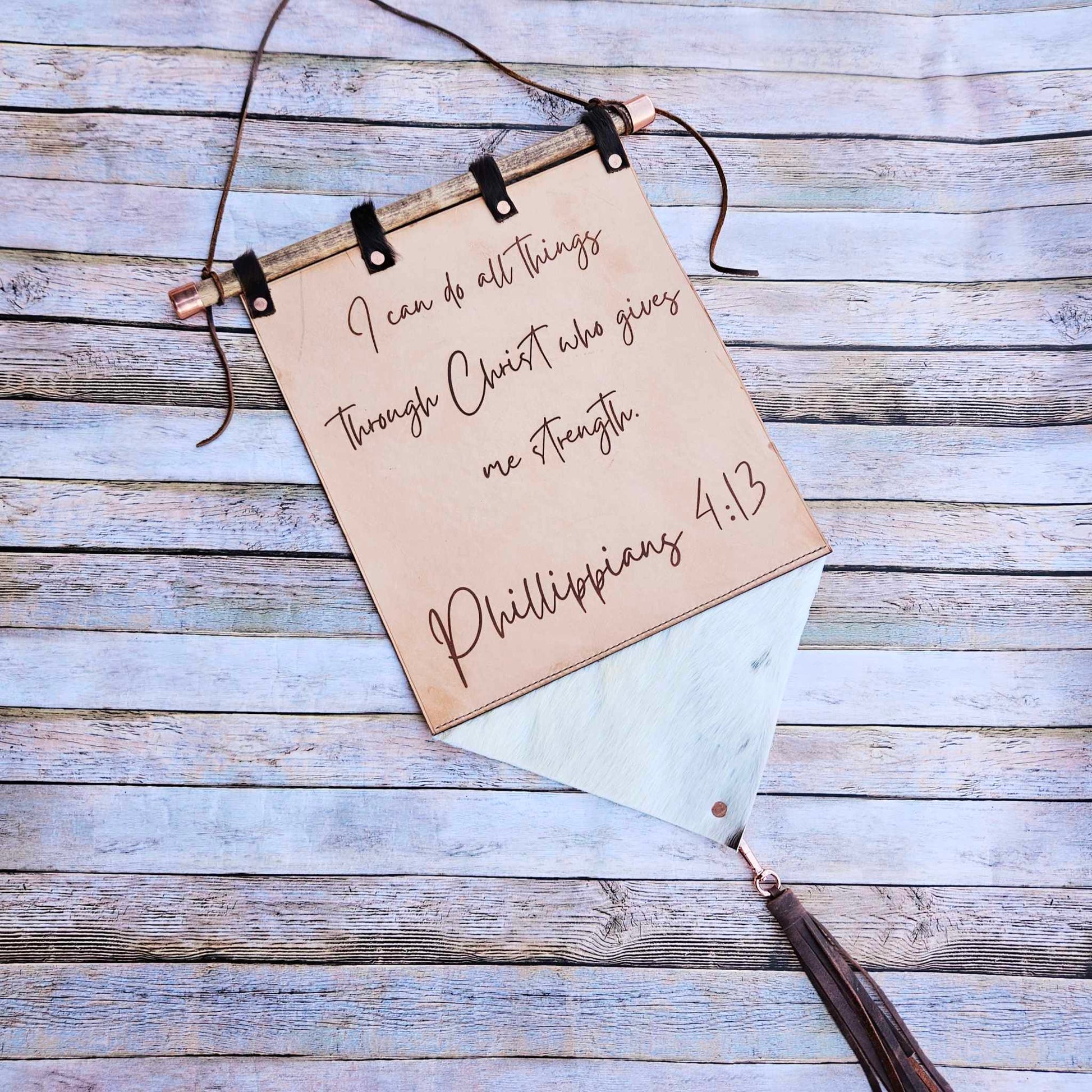 laser burned scripture wall hanging, handmade leather hanging, scripture art