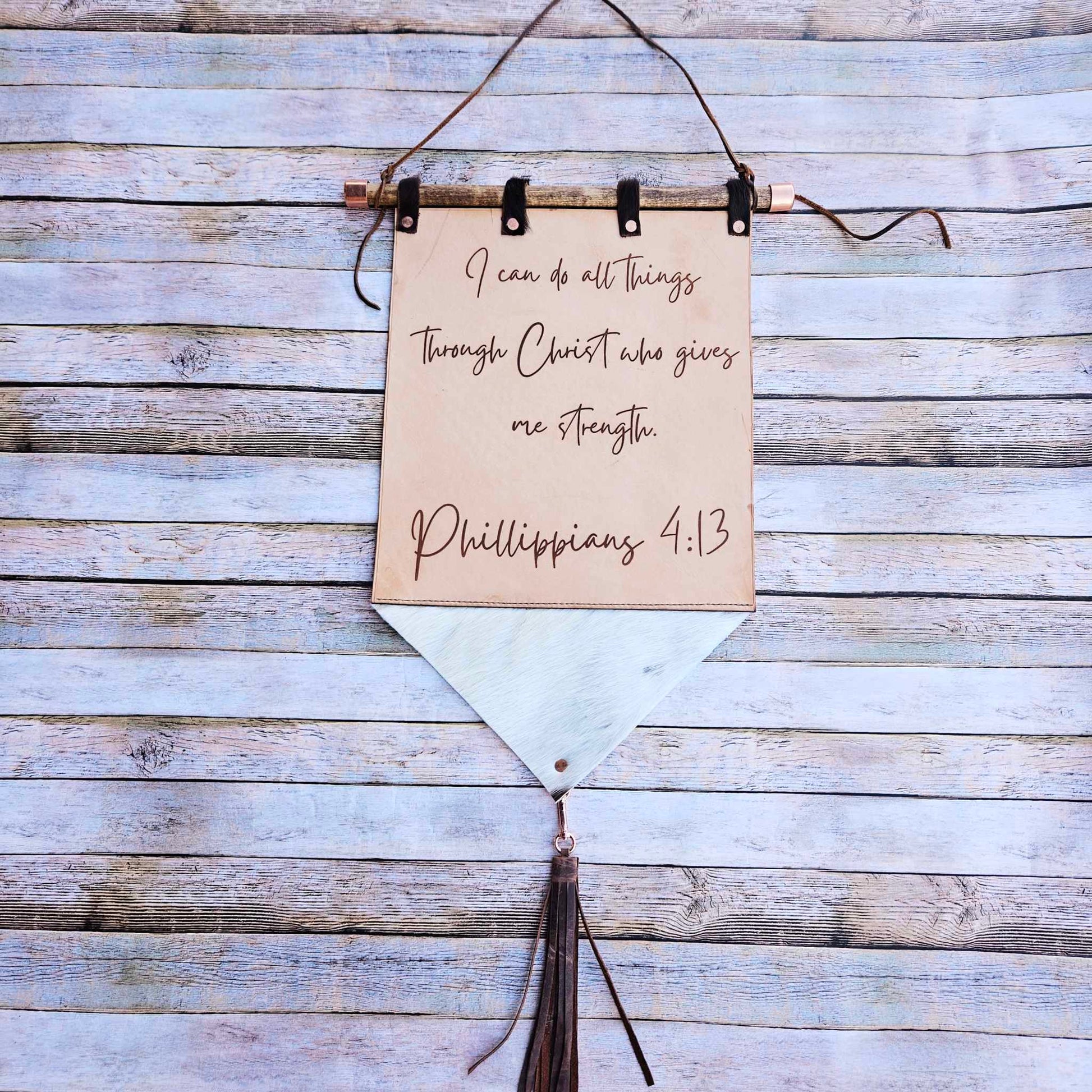 laser burned scripture wall hanging, handmade leather hanging, scripture art