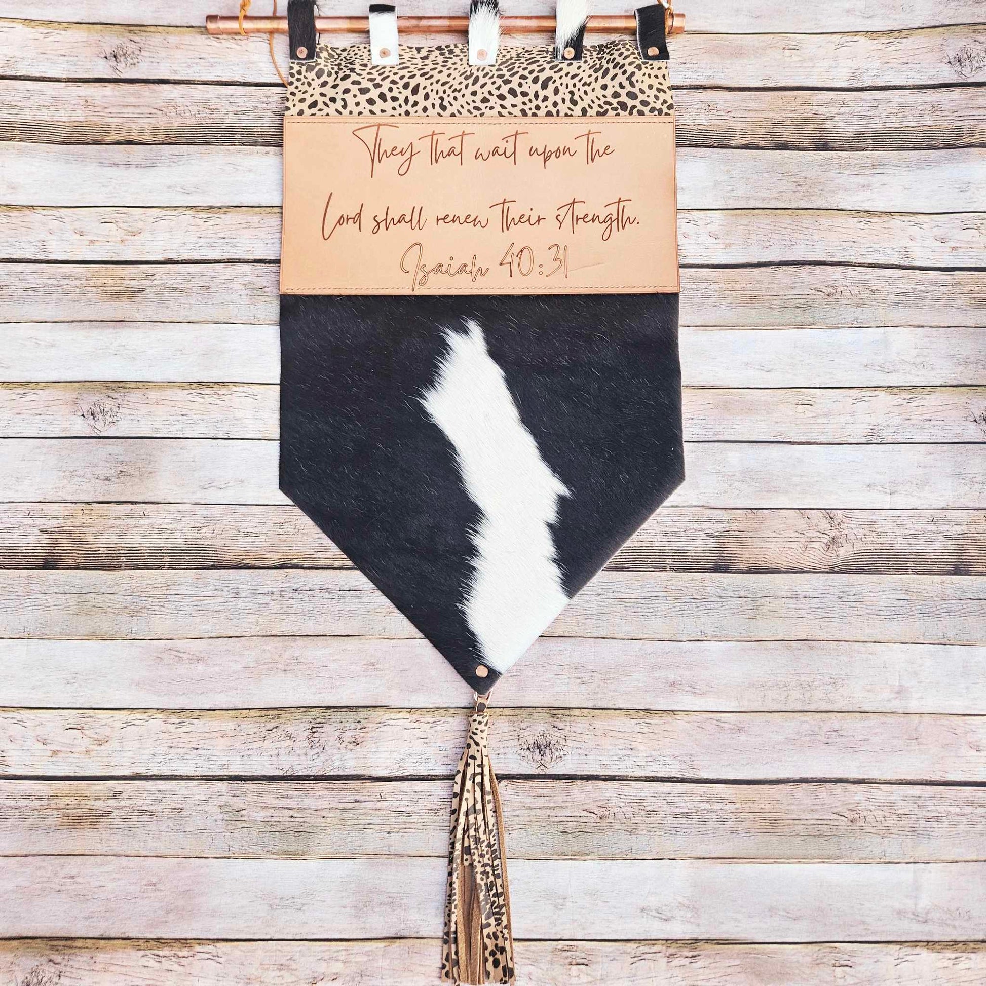 laser burned scripture wall hanging, handmade leather hanging, scripture art