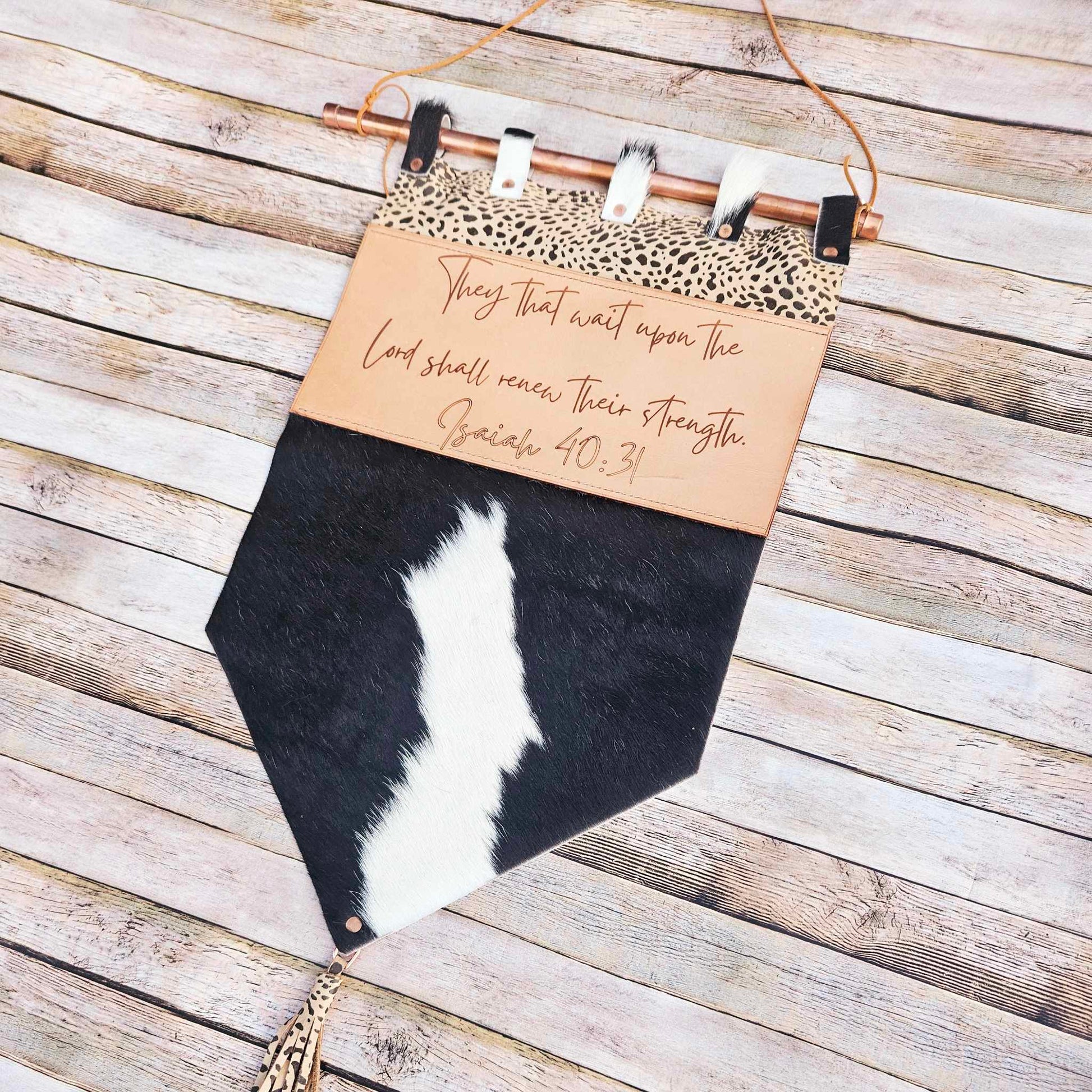 laser burned scripture wall hanging, handmade leather hanging, scripture art