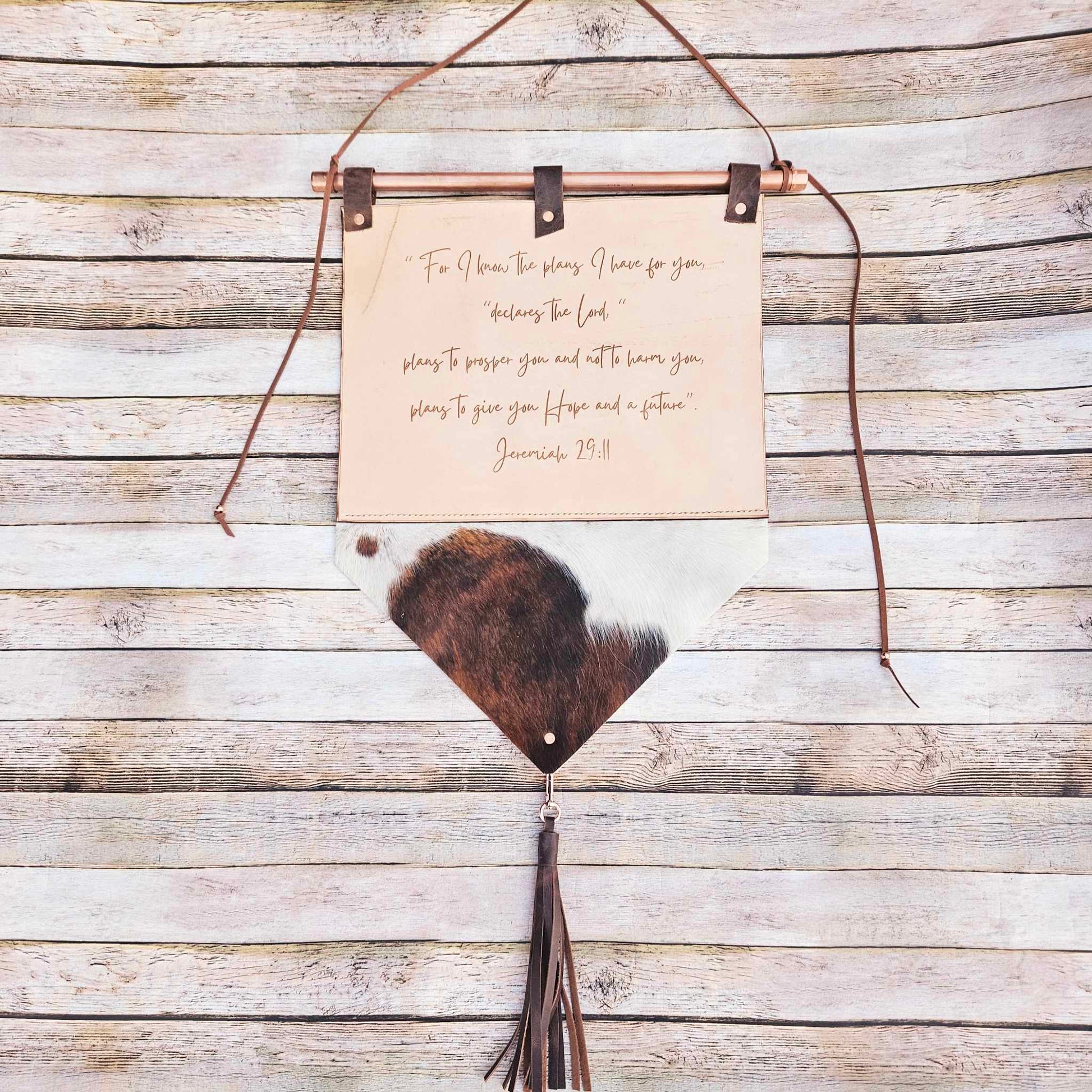 laser burned scripture wall hanging, handmade leather hanging, scripture art