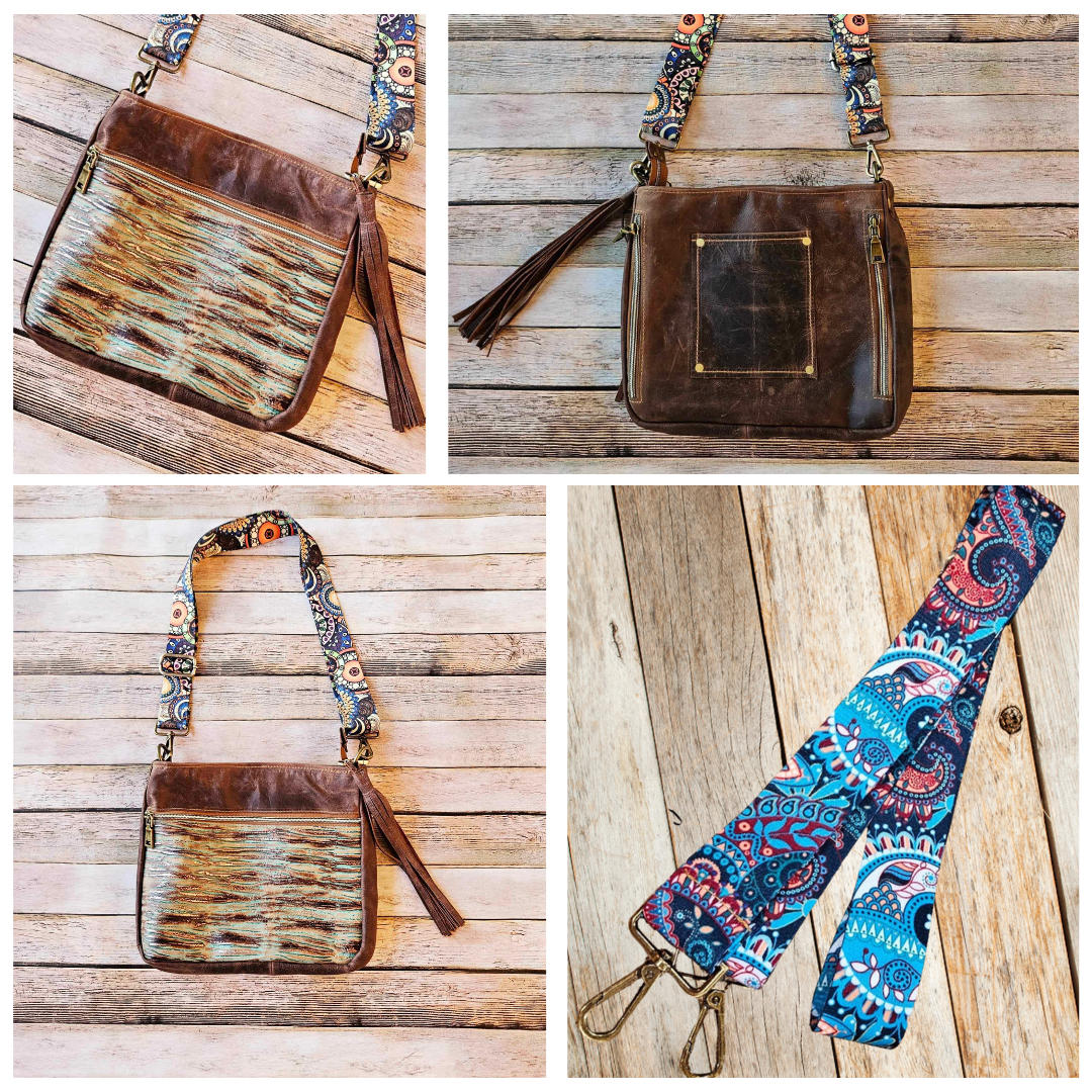 turquoise brown leather cross body, brown leather hand bag, conceal carry bag