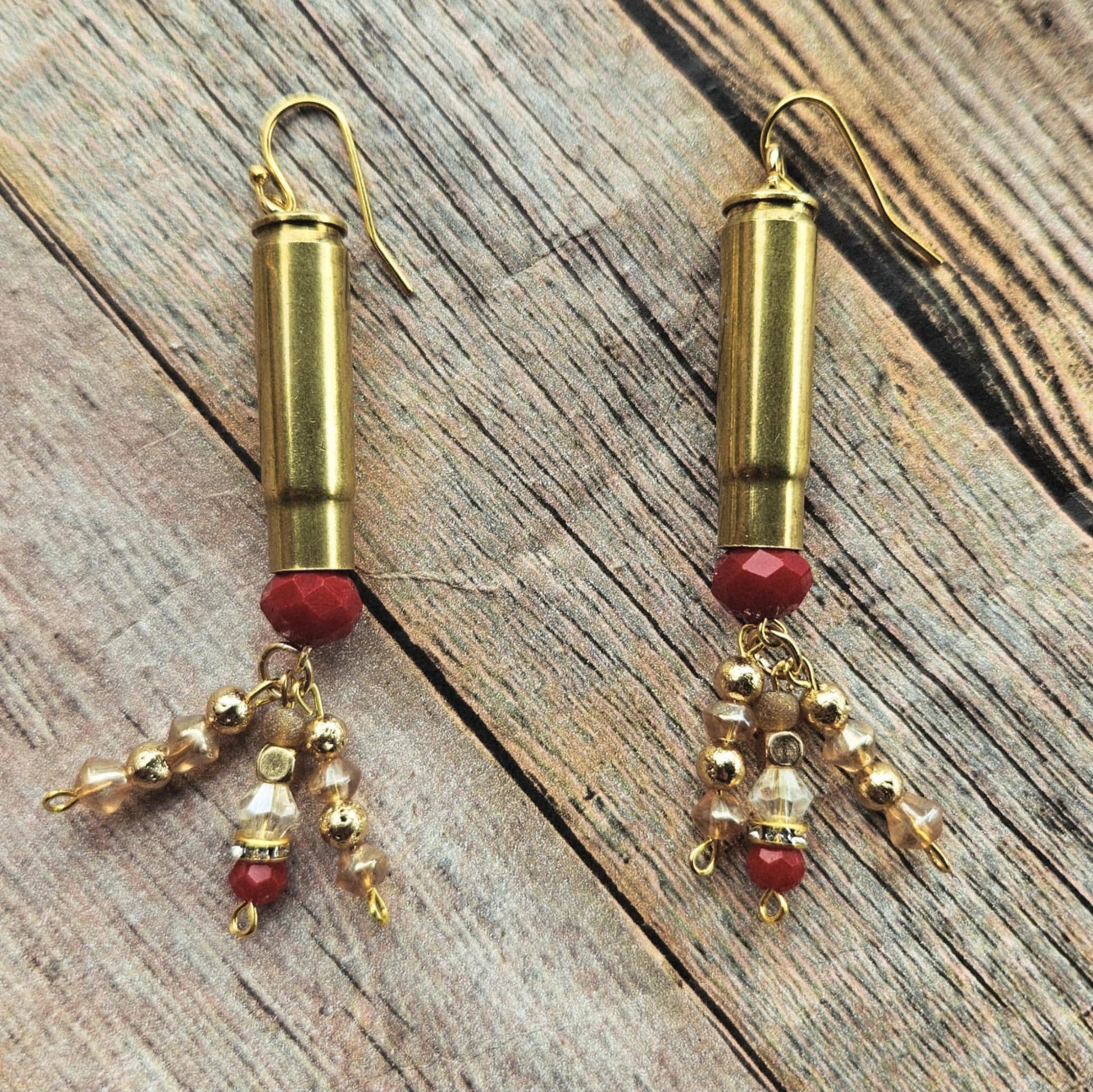 red beaded ammo earrings, copper gun shell jewelry, crystal beaded earrings, handmade jewelry