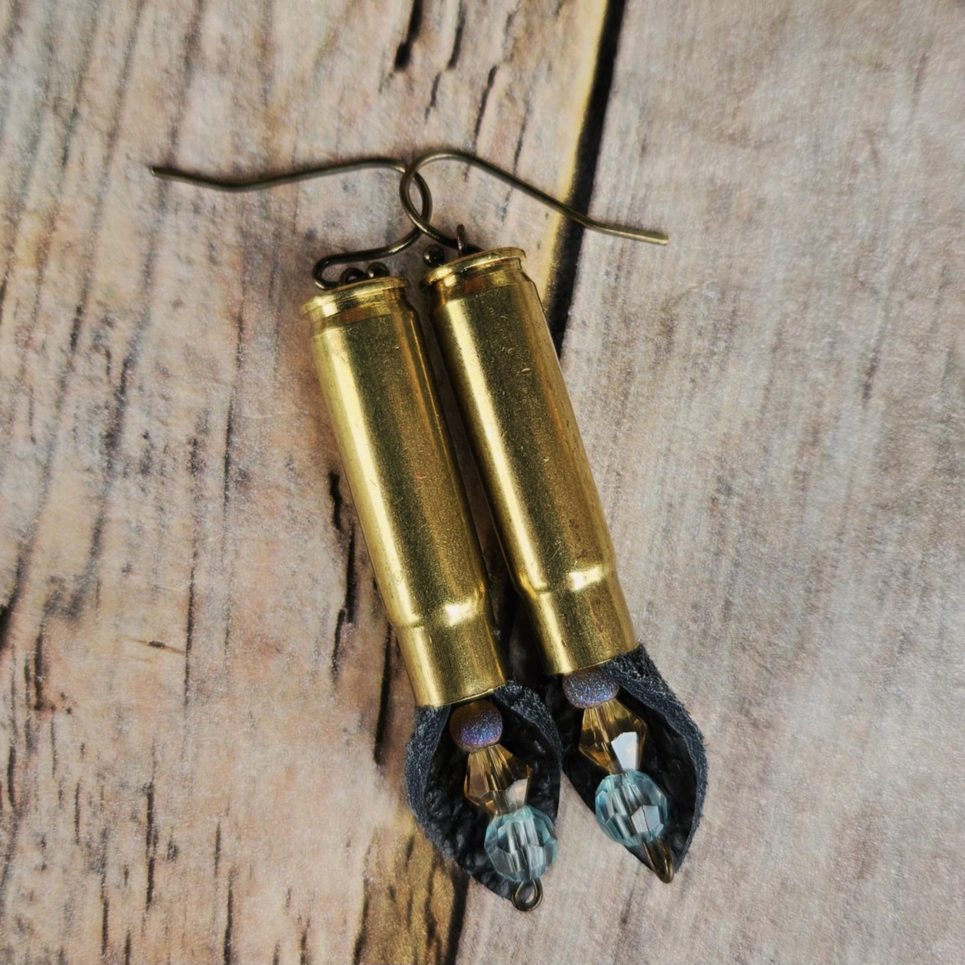 crystal bead ammo earring, leather jewelry, shot gun shell jewelry, gold earrings, handmade earrings