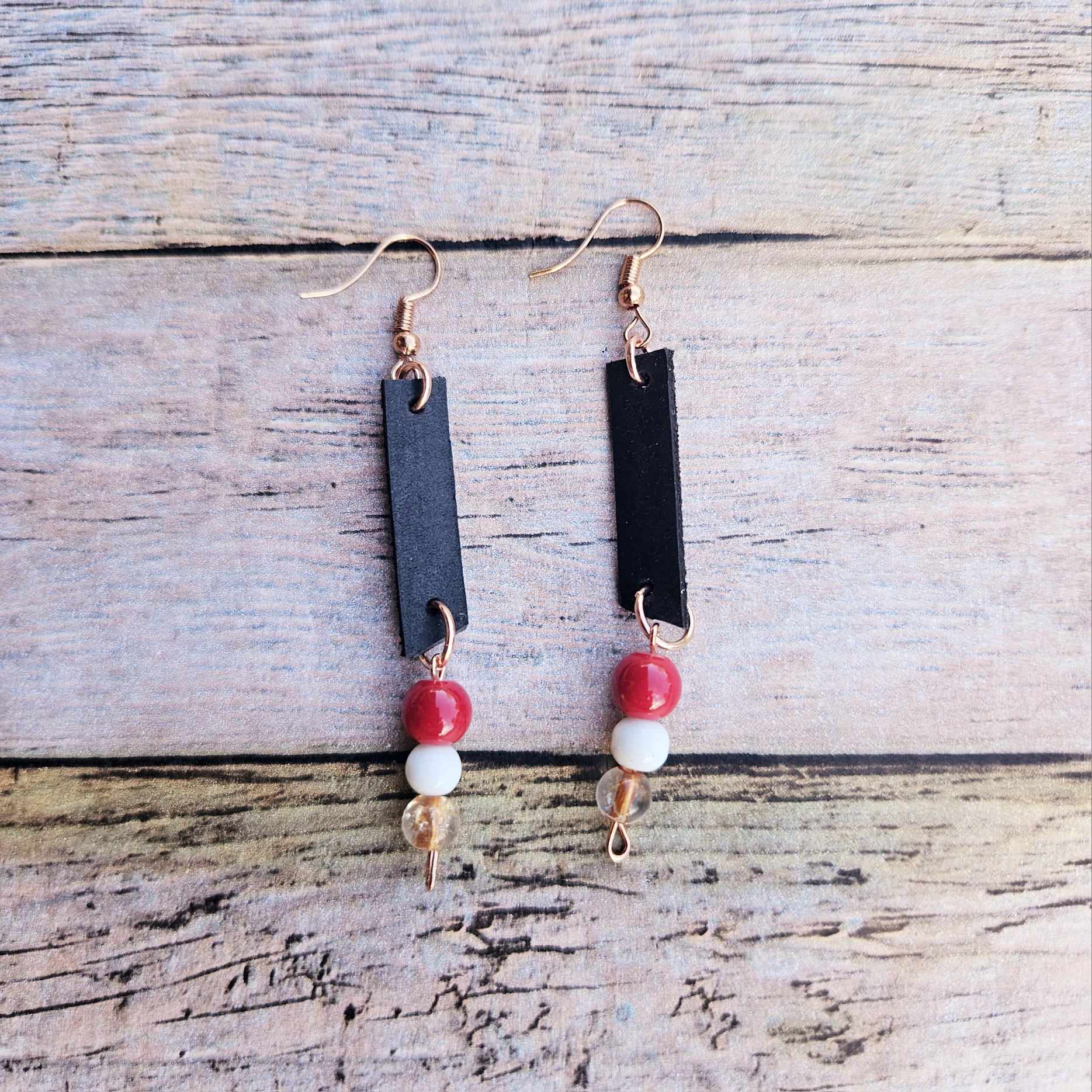 rose gold earrings, black leather earrings, red and white beads, handmade jewelry