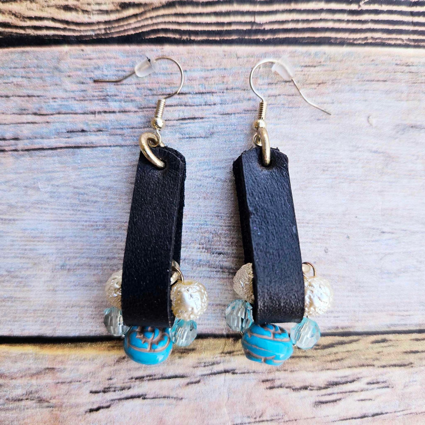 gold earrings, black leather earrings, turquoise beads, pearl bead, handmade jewelry