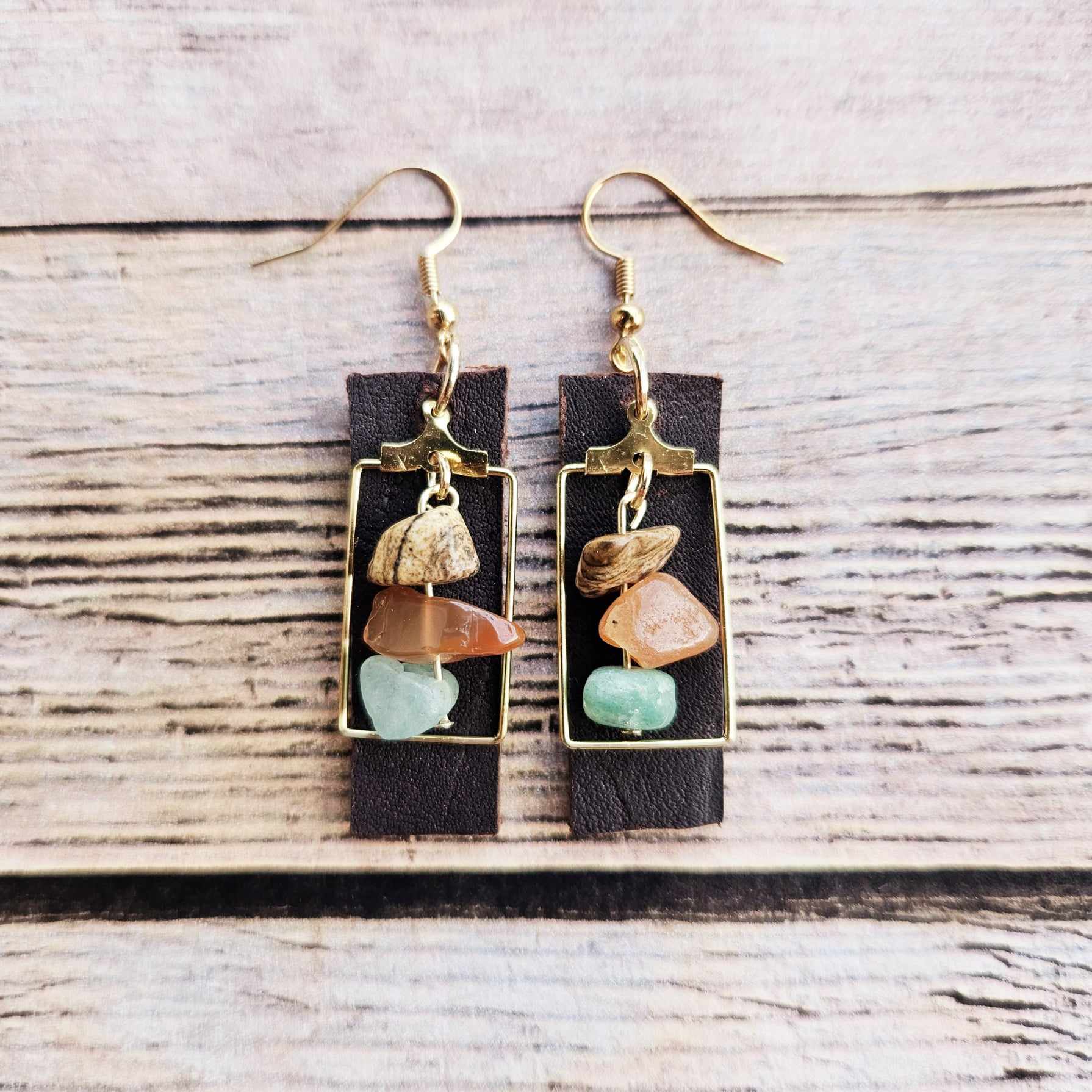 gold rectangle earrings, brown leather earrings, rock beads, handmade jewelry