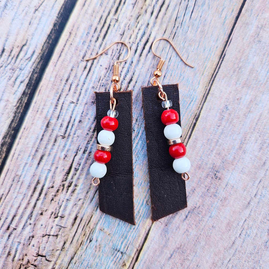 dark leather earrings, rose gold earrings, red and white beads, handmade jewelry