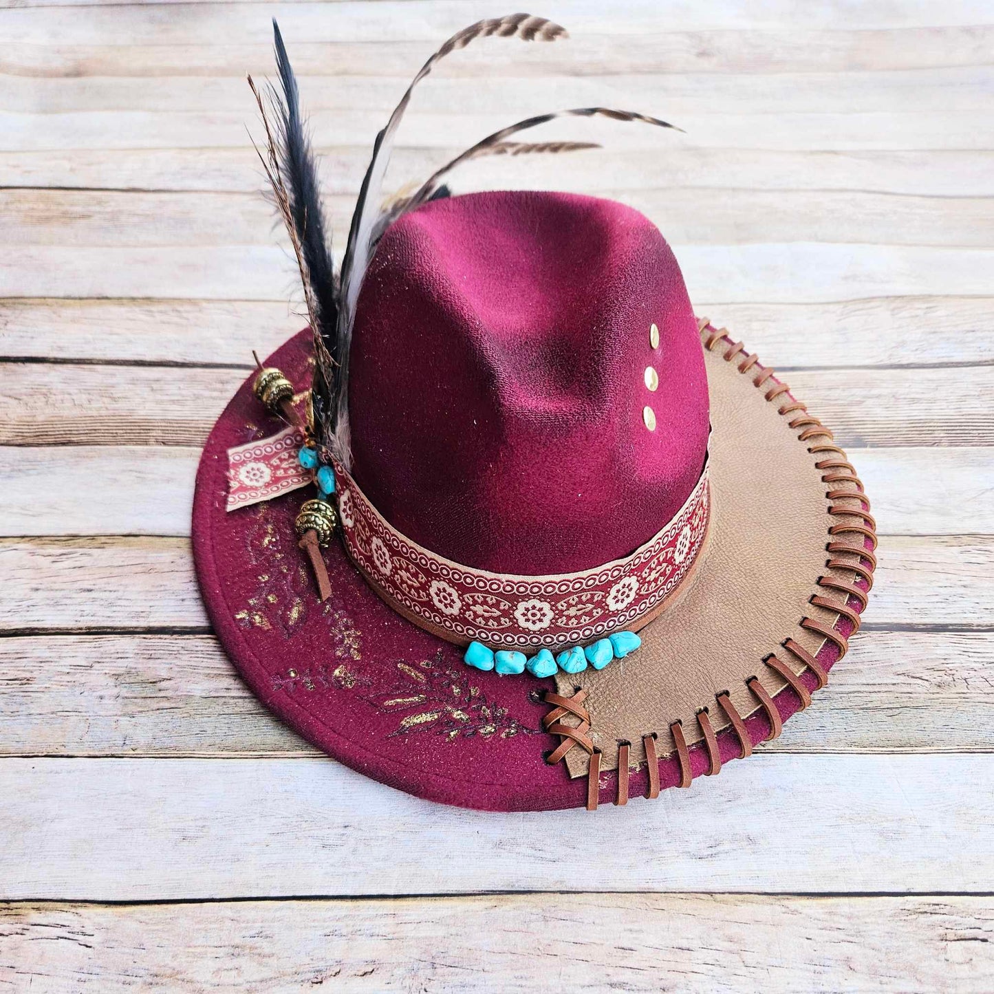 burned brim hat, burgundy hat, feathered brim hat, leather laced hat