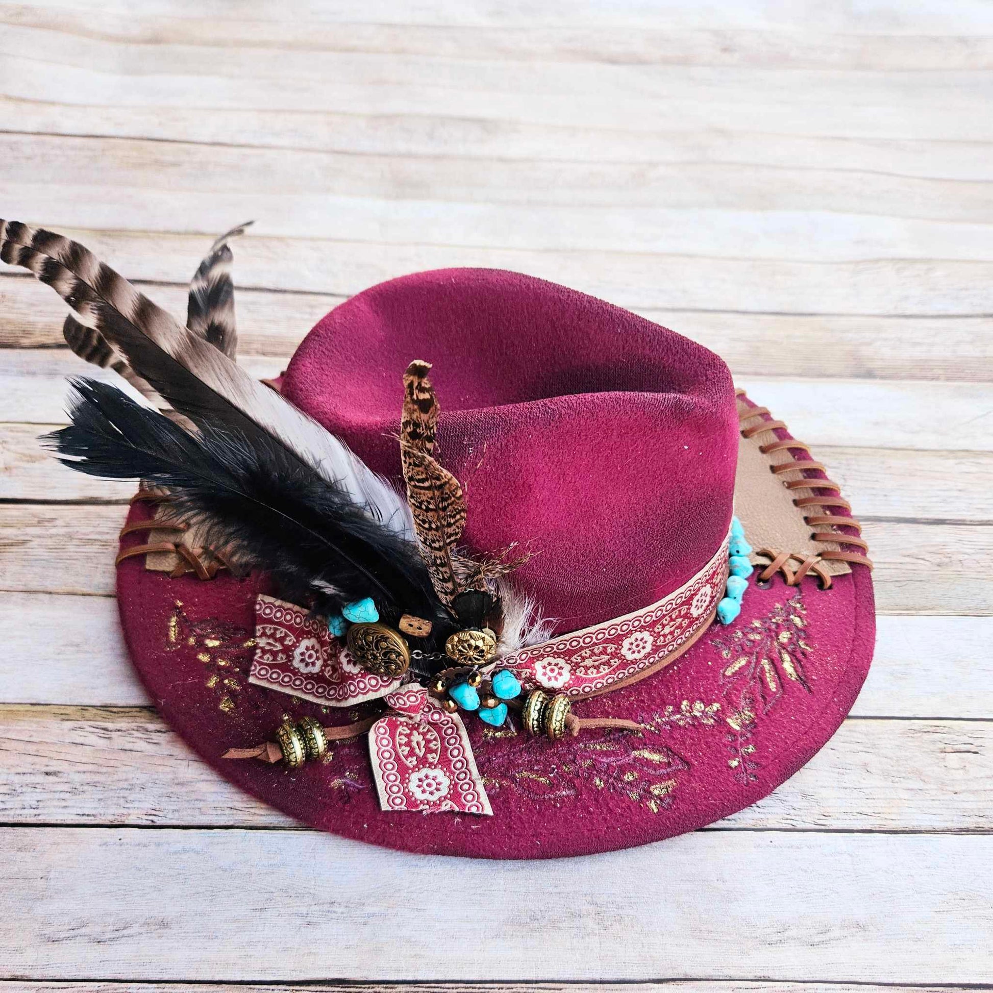 burned brim hat, burgundy hat, feathered brim hat, leather laced hat