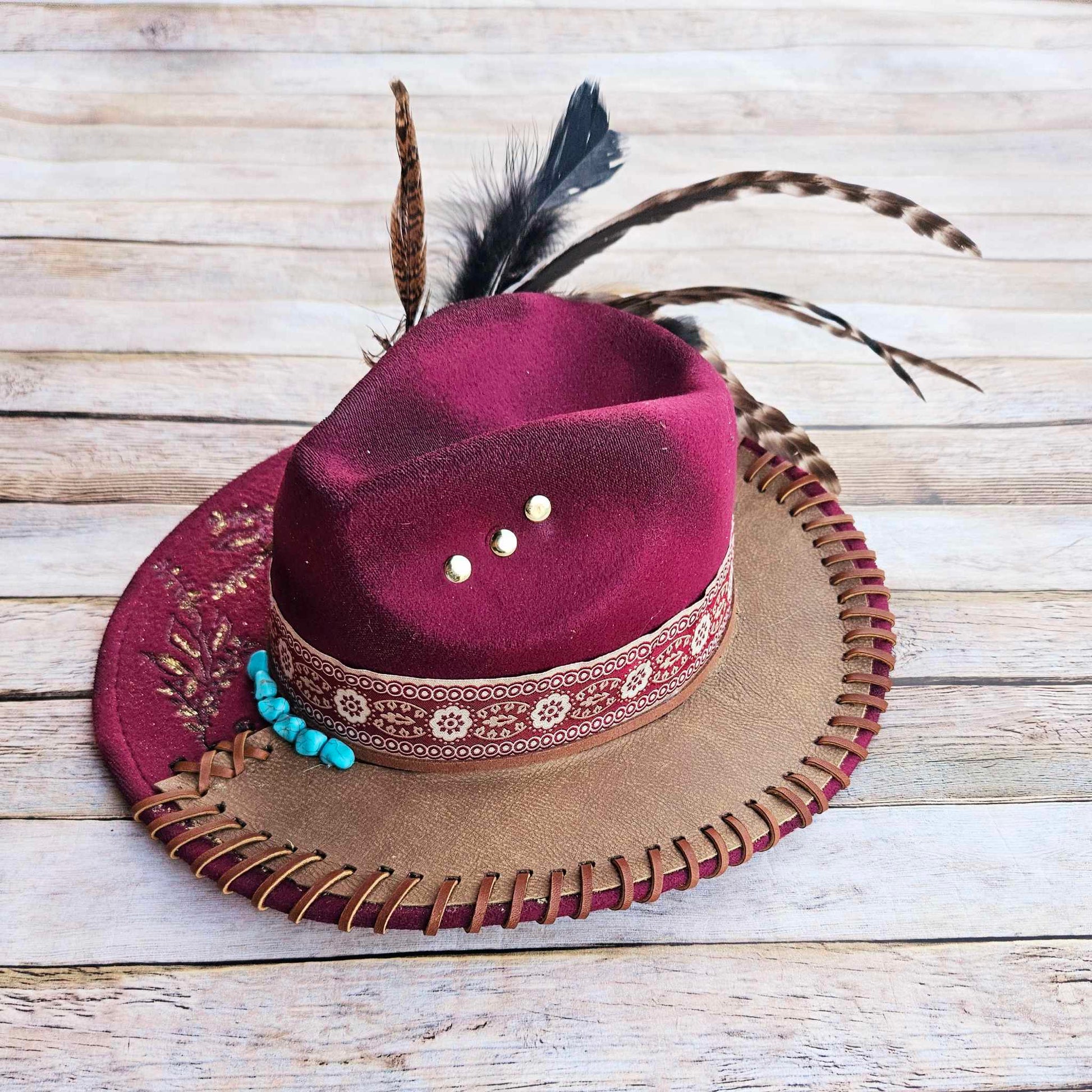 burned brim hat, burgundy hat, feathered brim hat, leather laced hat