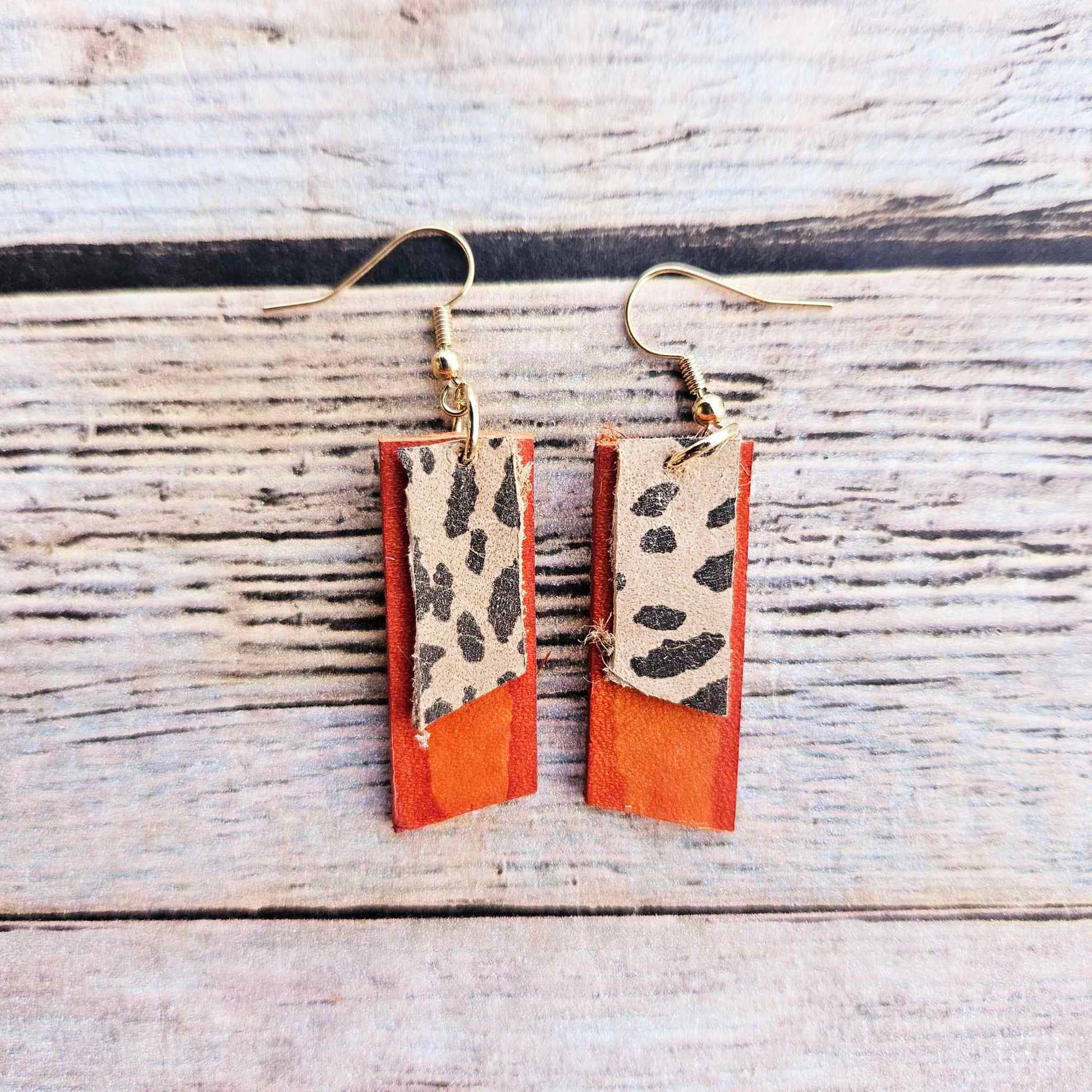 leopard leather, orange leather, gold earring, handmade jewelry