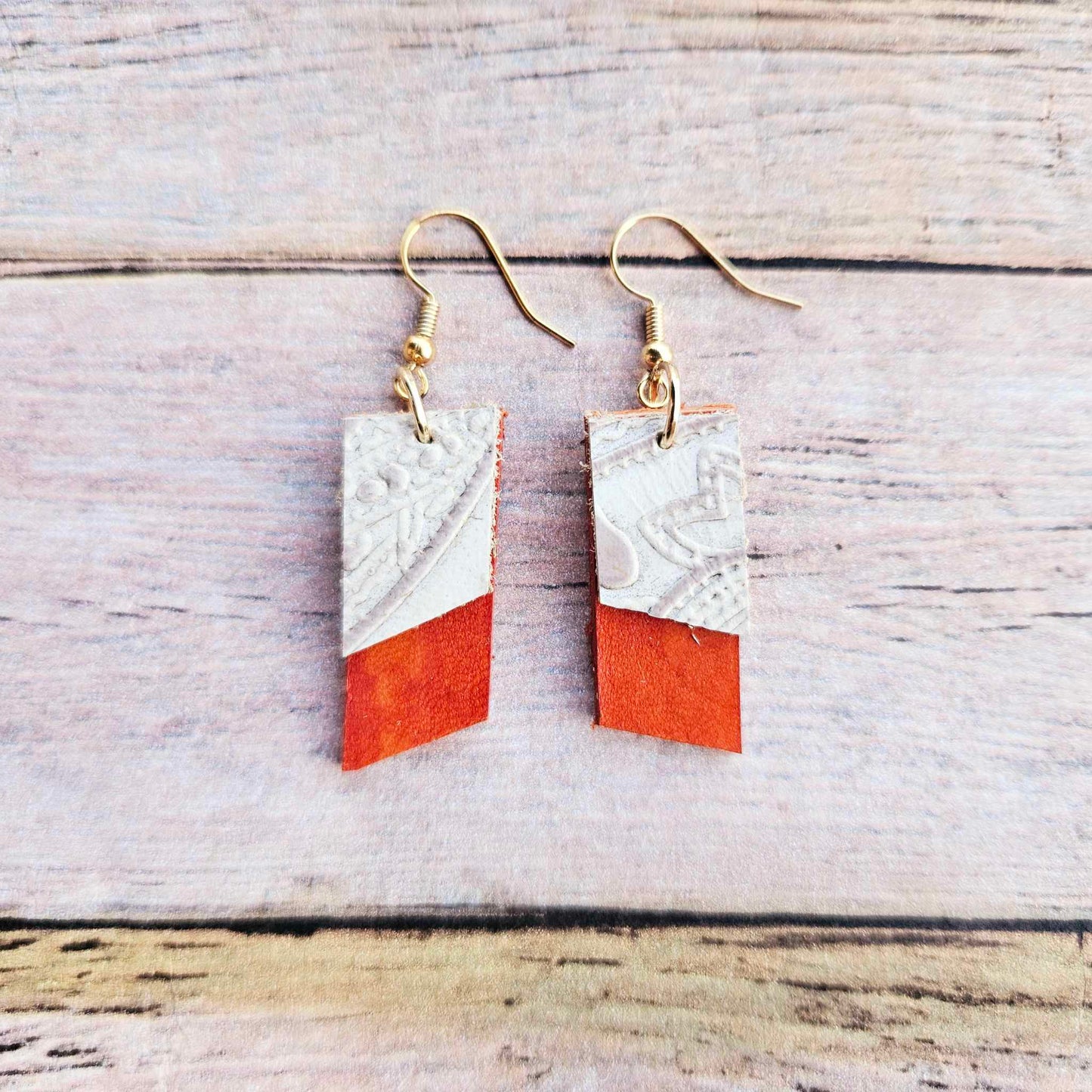 white textured leather earrings, burnt leather earrings, gold earrings, handmade jewelry