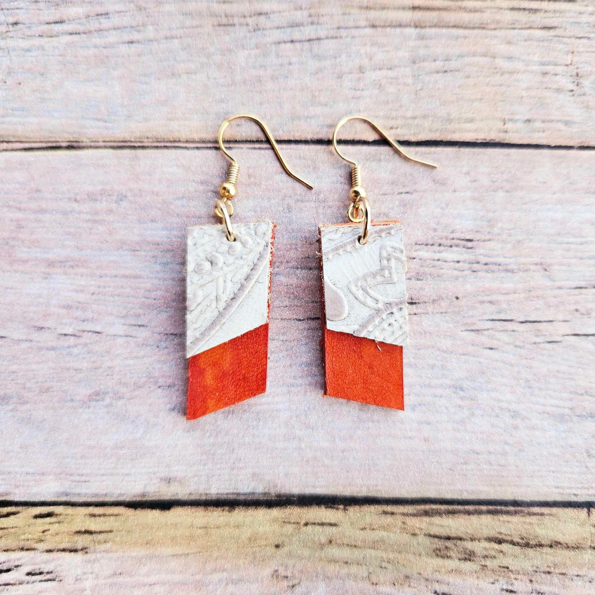 white textured leather earrings, burnt leather earrings, gold earrings, handmade jewelry