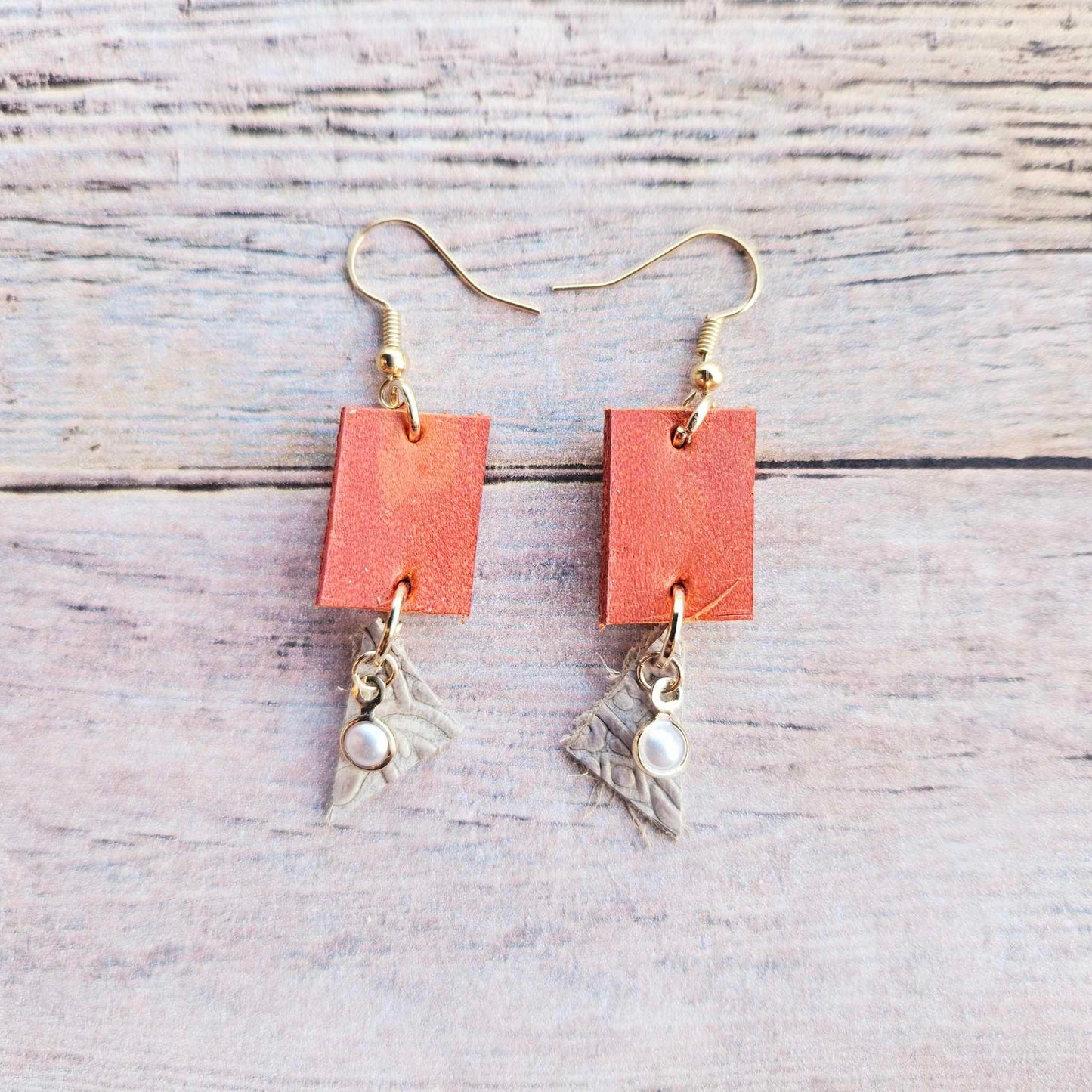 burnt orange leather earrings, white leather triangle accent, pearl charm, gold earrings, handmade jewelry