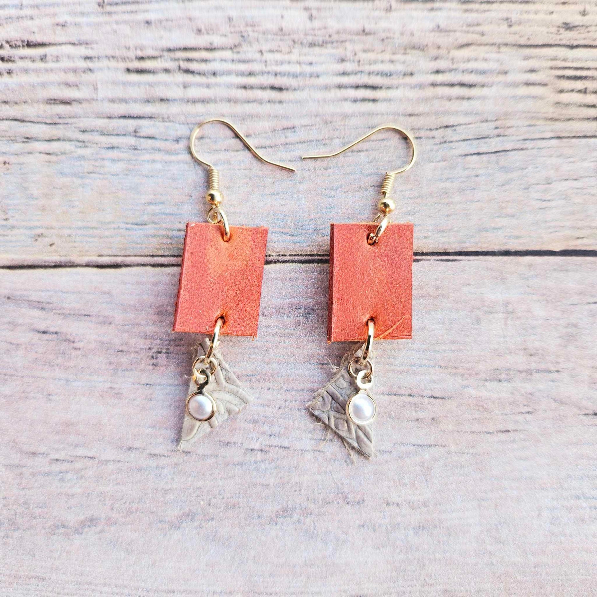 burnt orange leather earrings, white leather triangle accent, pearl charm, gold earrings, handmade jewelry
