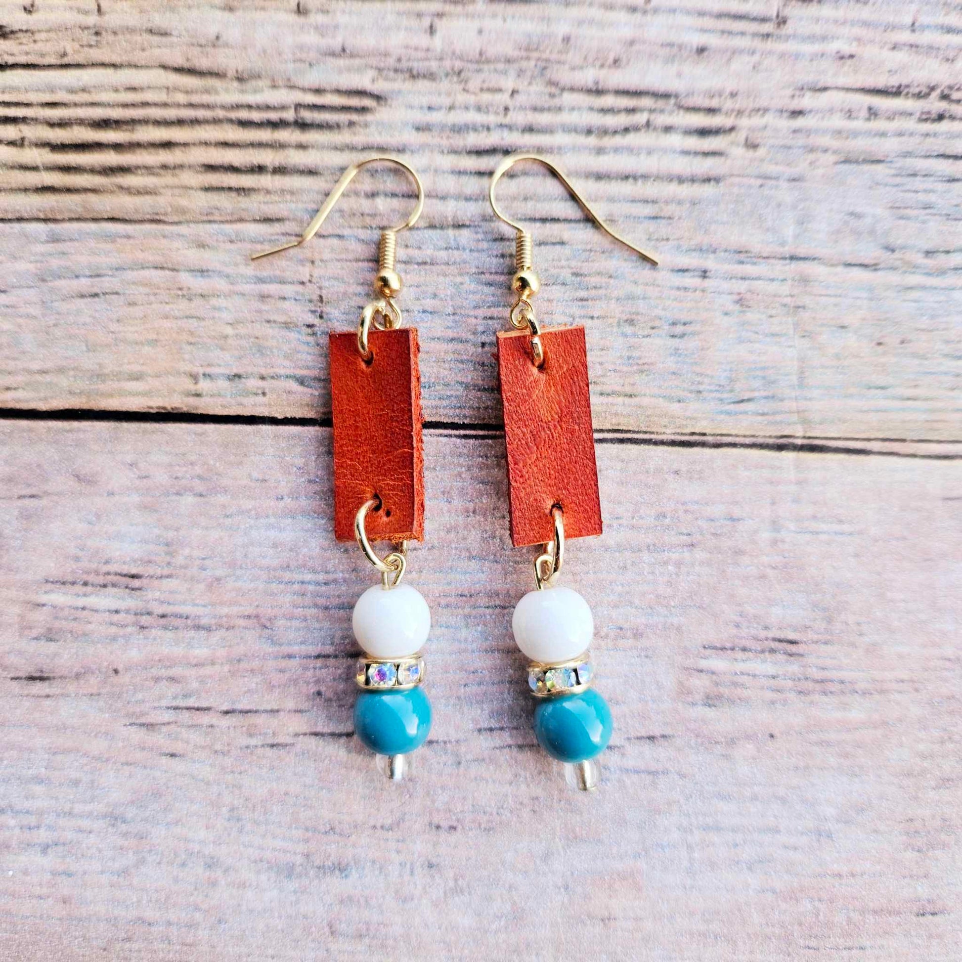 burn orange leather earrings, white and turquoise earrings rhinestones, handmade jewelry