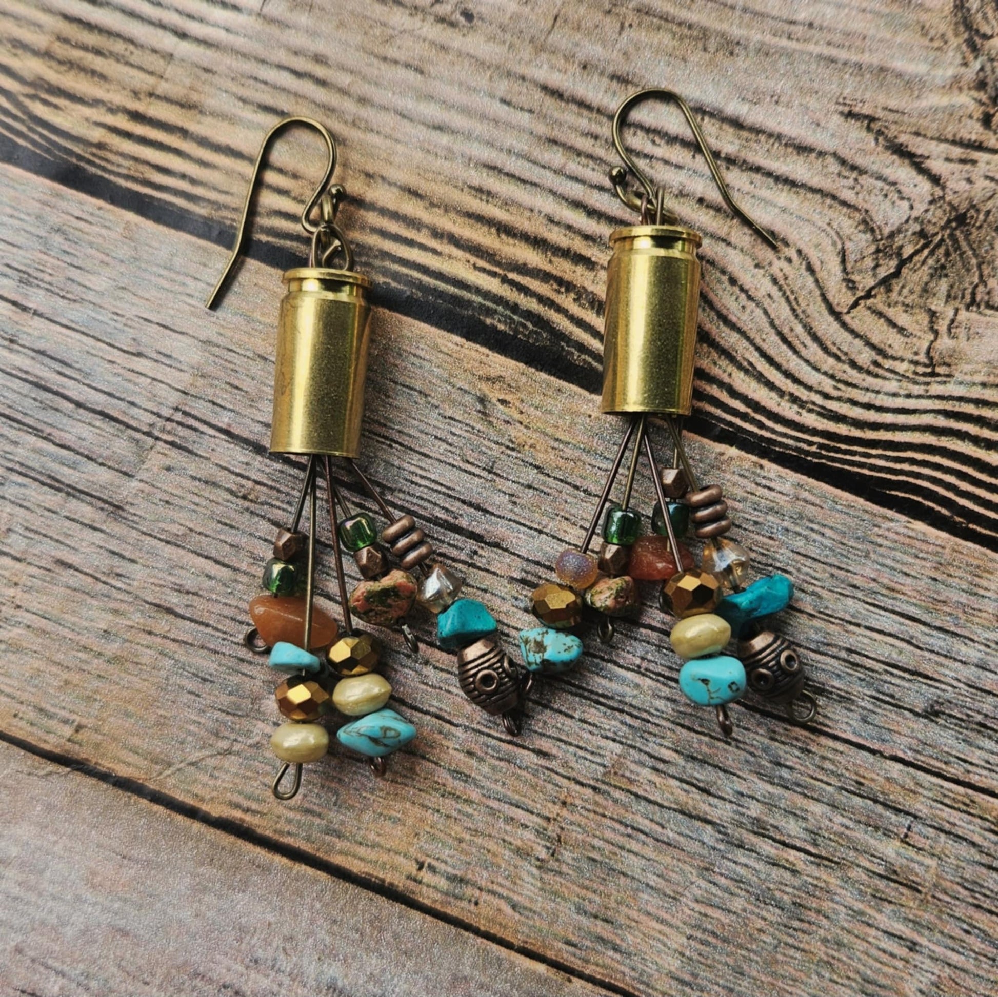 multicolored beaded earrings, ammo earrings, copper gun shell jewelry, handmade earrings
