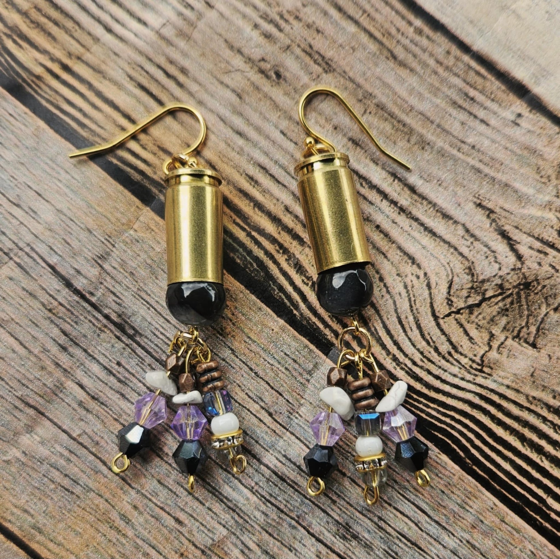 black beaded ammo earrings, copper gun shell jewelry, crystal beaded earrings, handmade jewelry