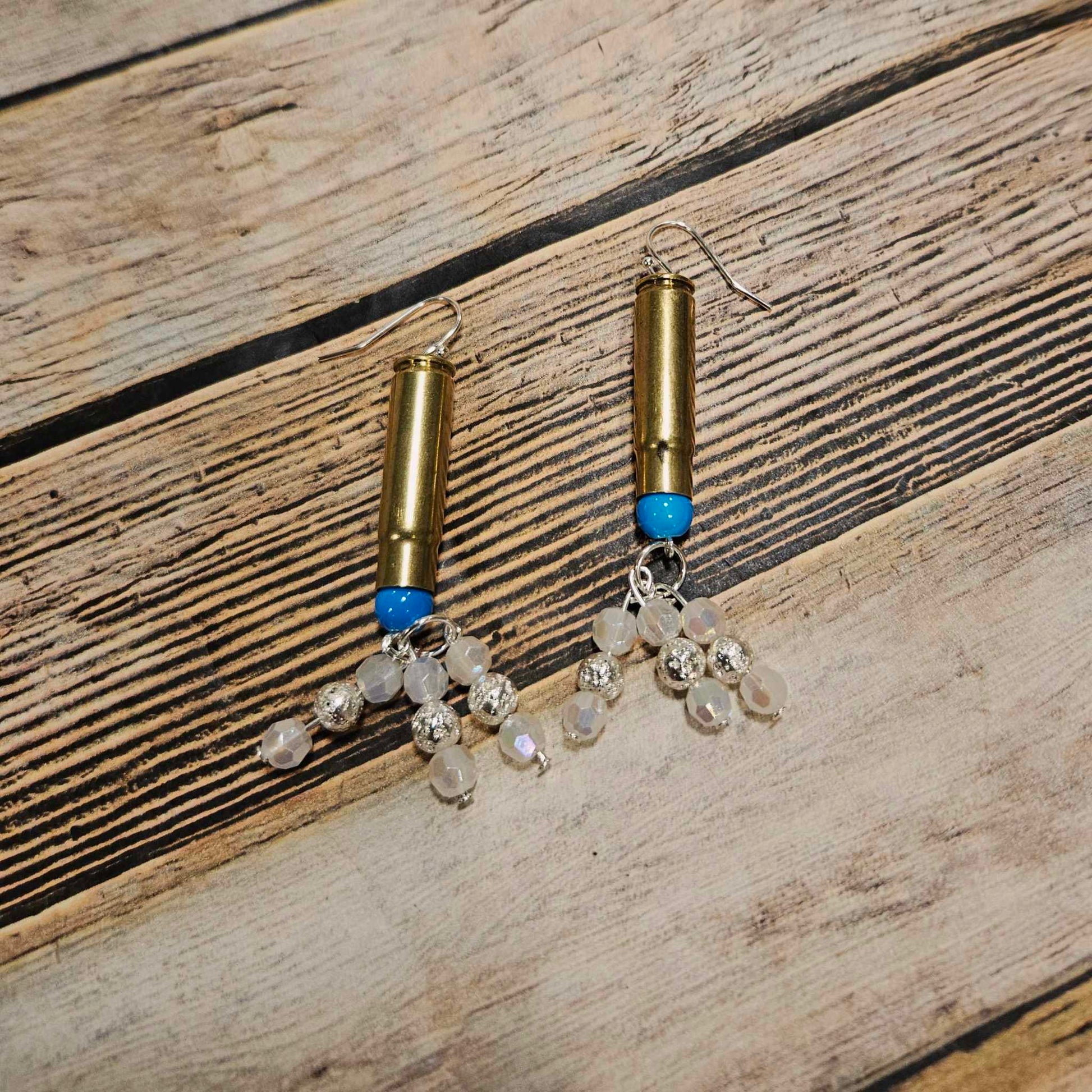 ammo silver beaded earrings, blue bead jewelry, beaded tassel earrings, silver hook earrings