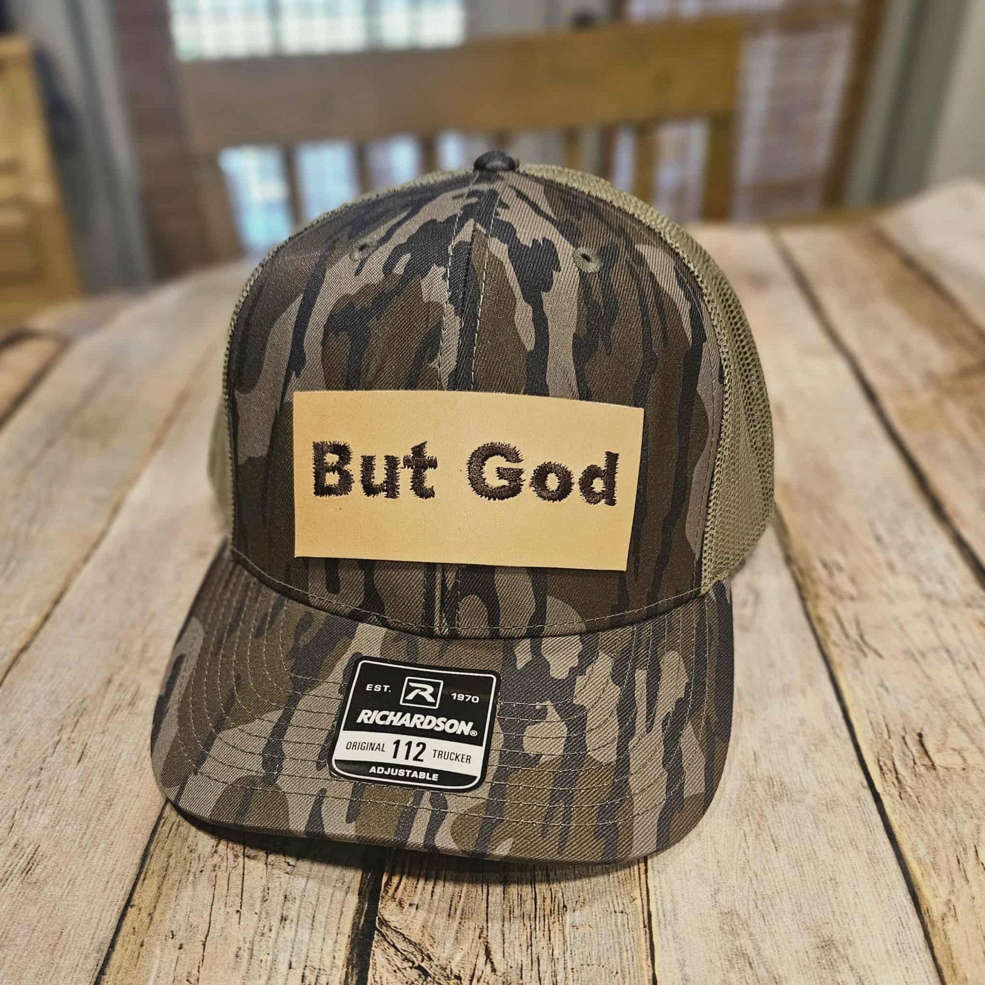 camo leather patch hat, but God patch hat, camo cap, Richardson 112 hat