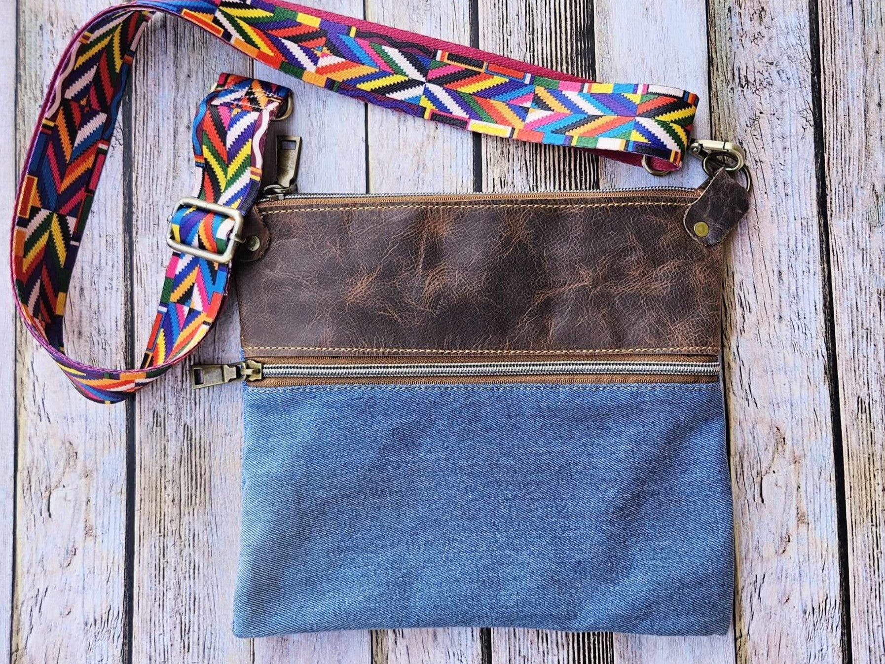 Crossbody bag, repurpose denim bag, leather crossbody, crossbody purse
