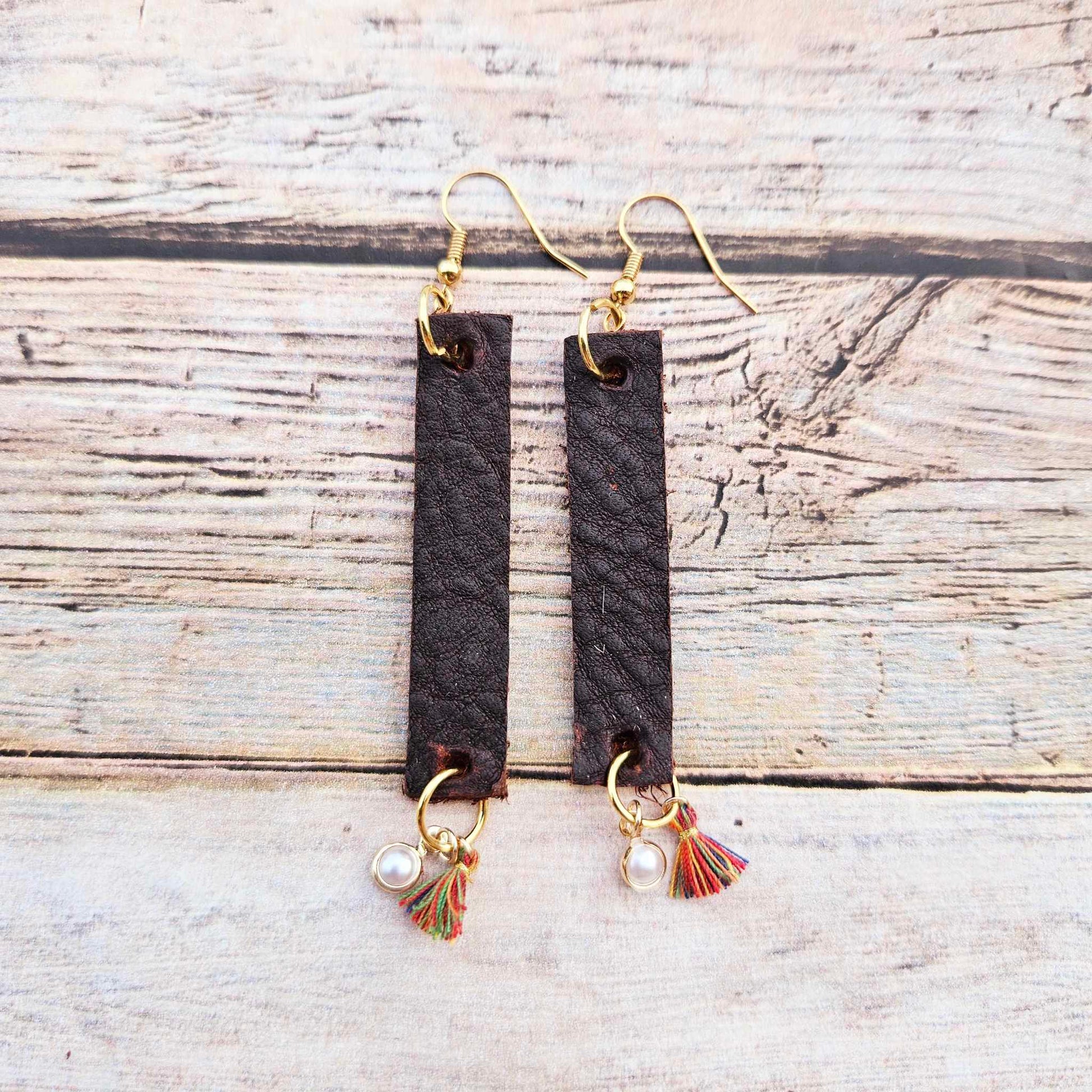 gold earrings, brown leather earrings, tassel and pearl charm earrings, handmade jewelry
