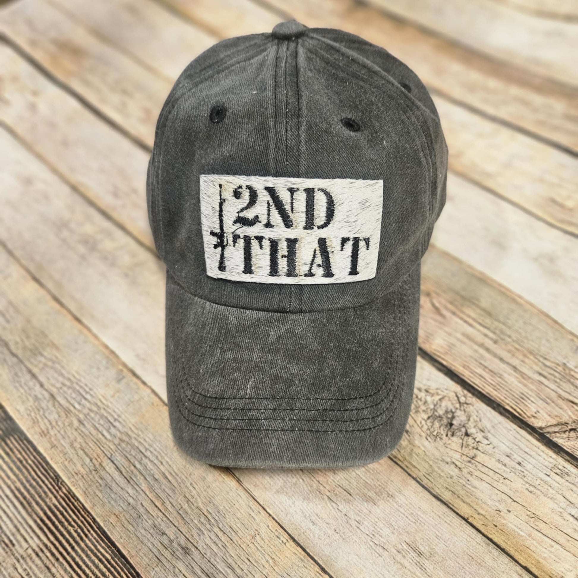"2nd That" Leather patch grey cap, gray leather embroidered fur-on cowhide patch hat, men's hat