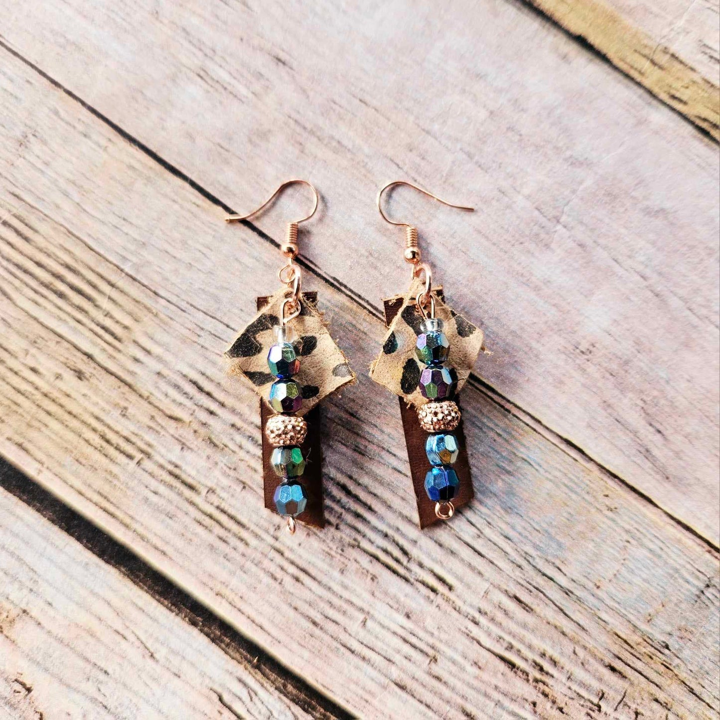 rose gold earrings, brown and leopard leather jewelry, multicolored beaded earrings, handmade jewelry