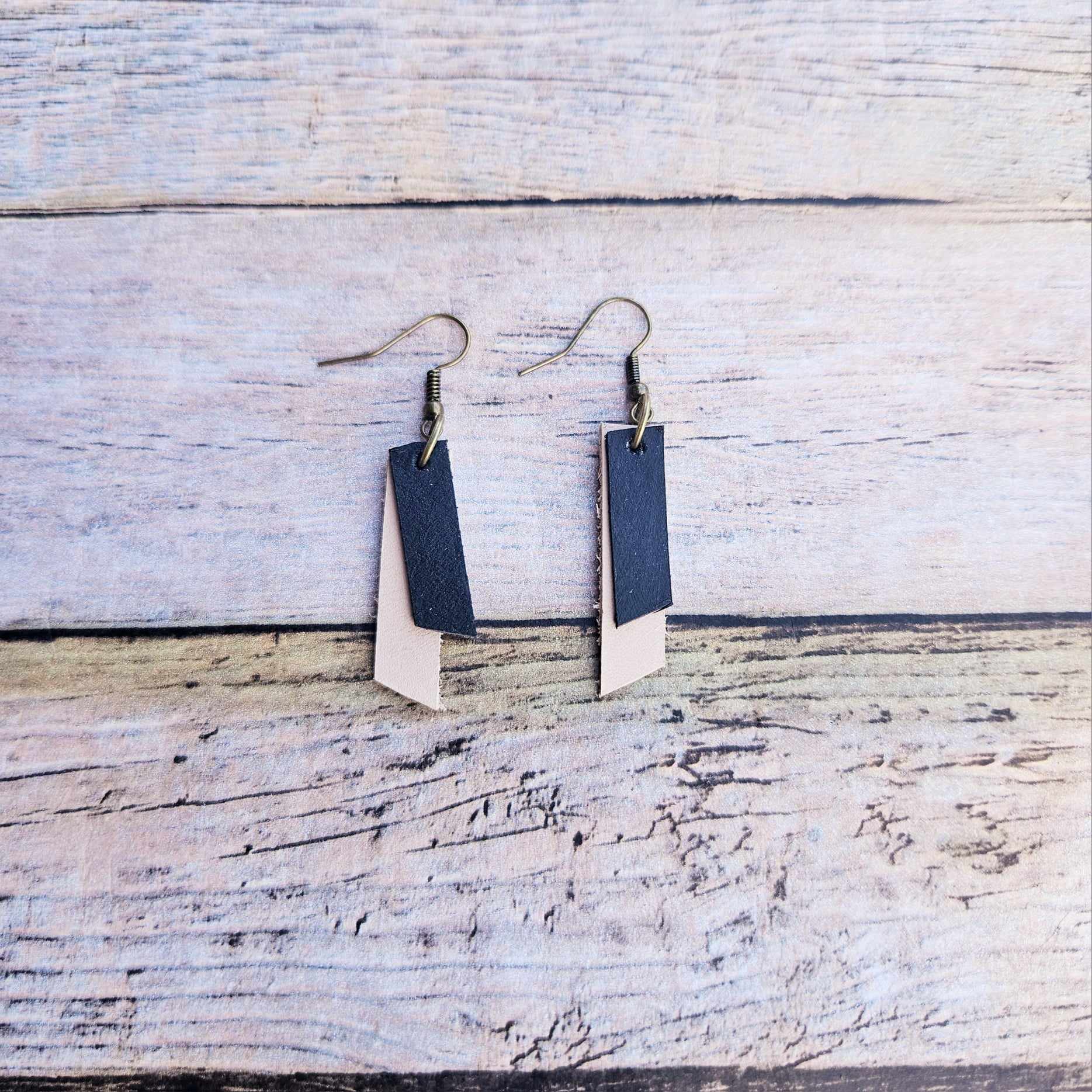 black leather and veg tan leather earrings, handmade jewelry
