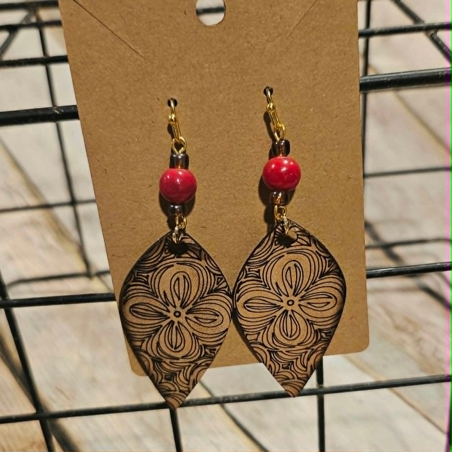 Laser Burned Leather Floral tear drop with red beads