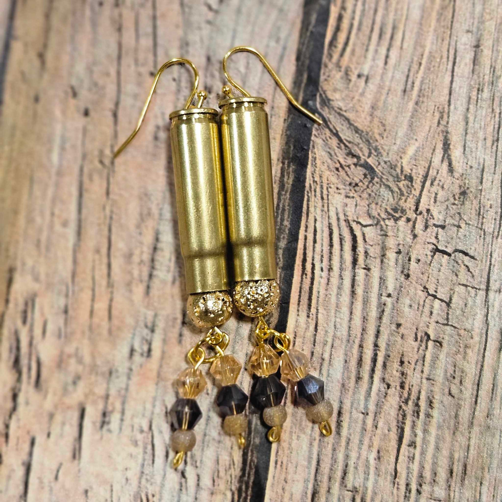 gold bead ammo earrings, bullet case earring, crystal tassel jewelry, handmade earrings