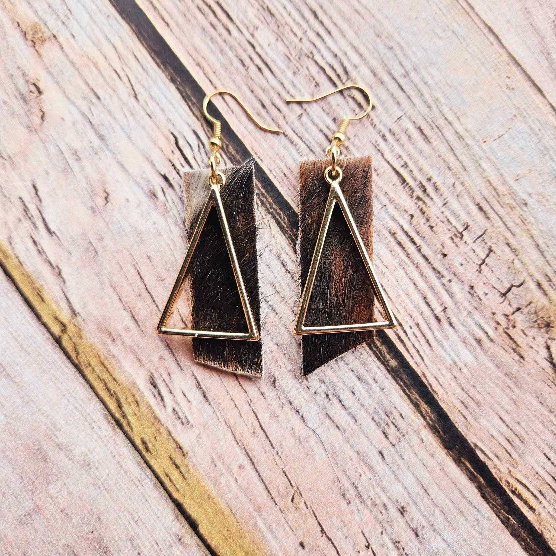 cow fur on leather earrings, gold triangle earrings, handmade jewelry