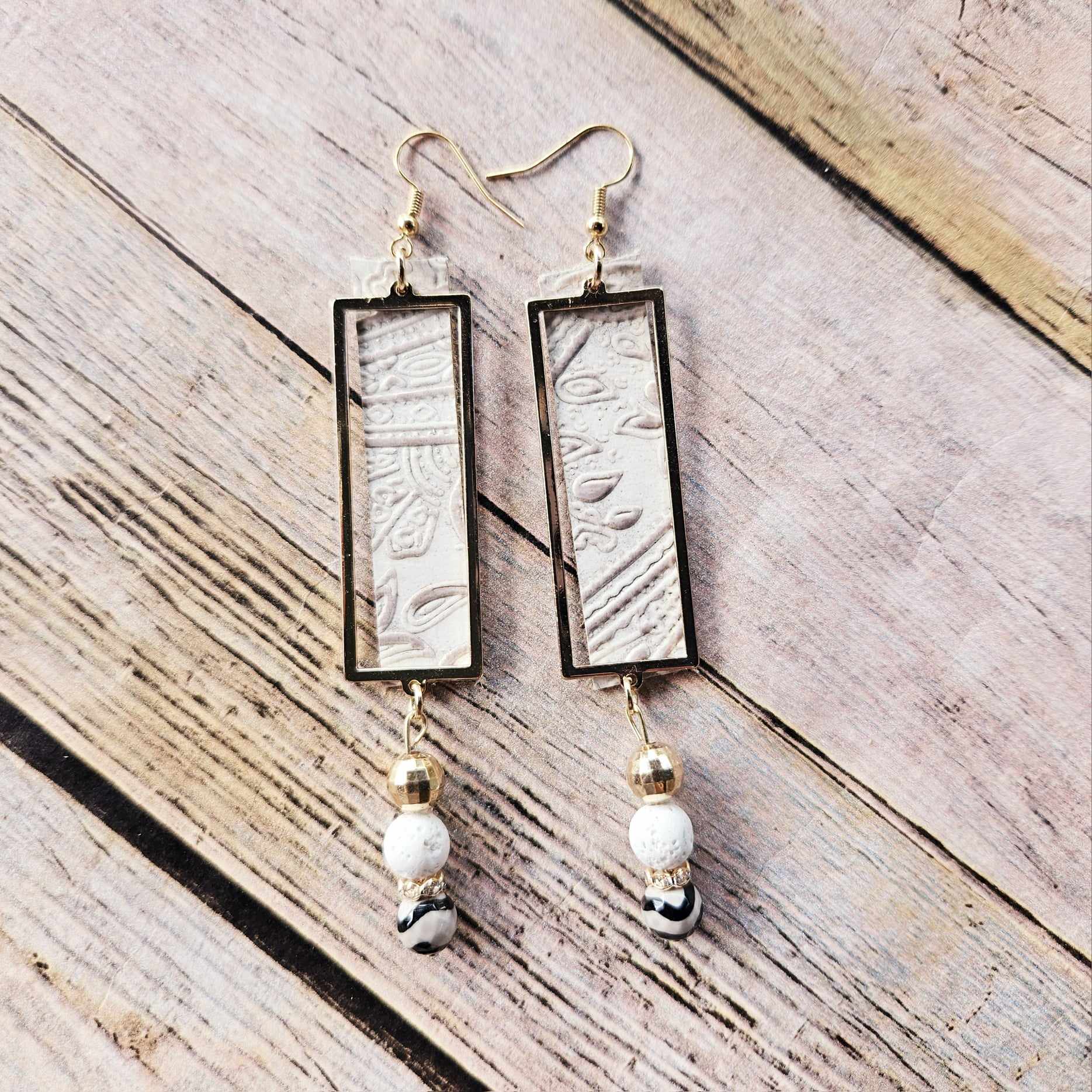 white leather rectangle earrings, handmade earrings, gold beaded jewelry, white beaded earrings