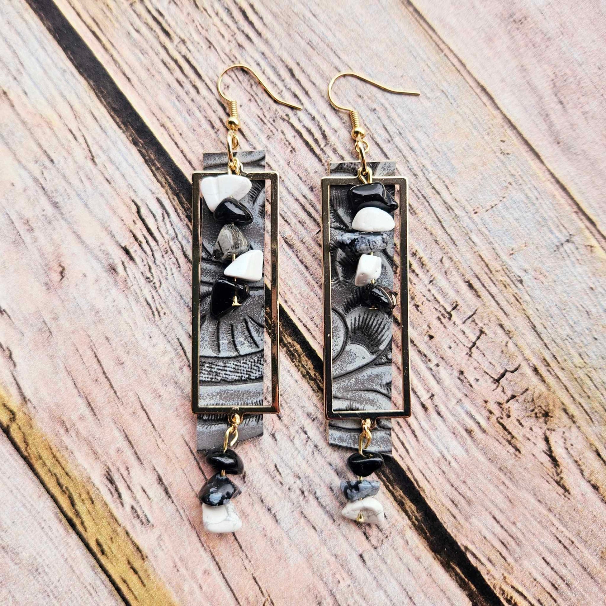 gold earrings, black and white rock beads, grey leather earrings, handmade jewelry